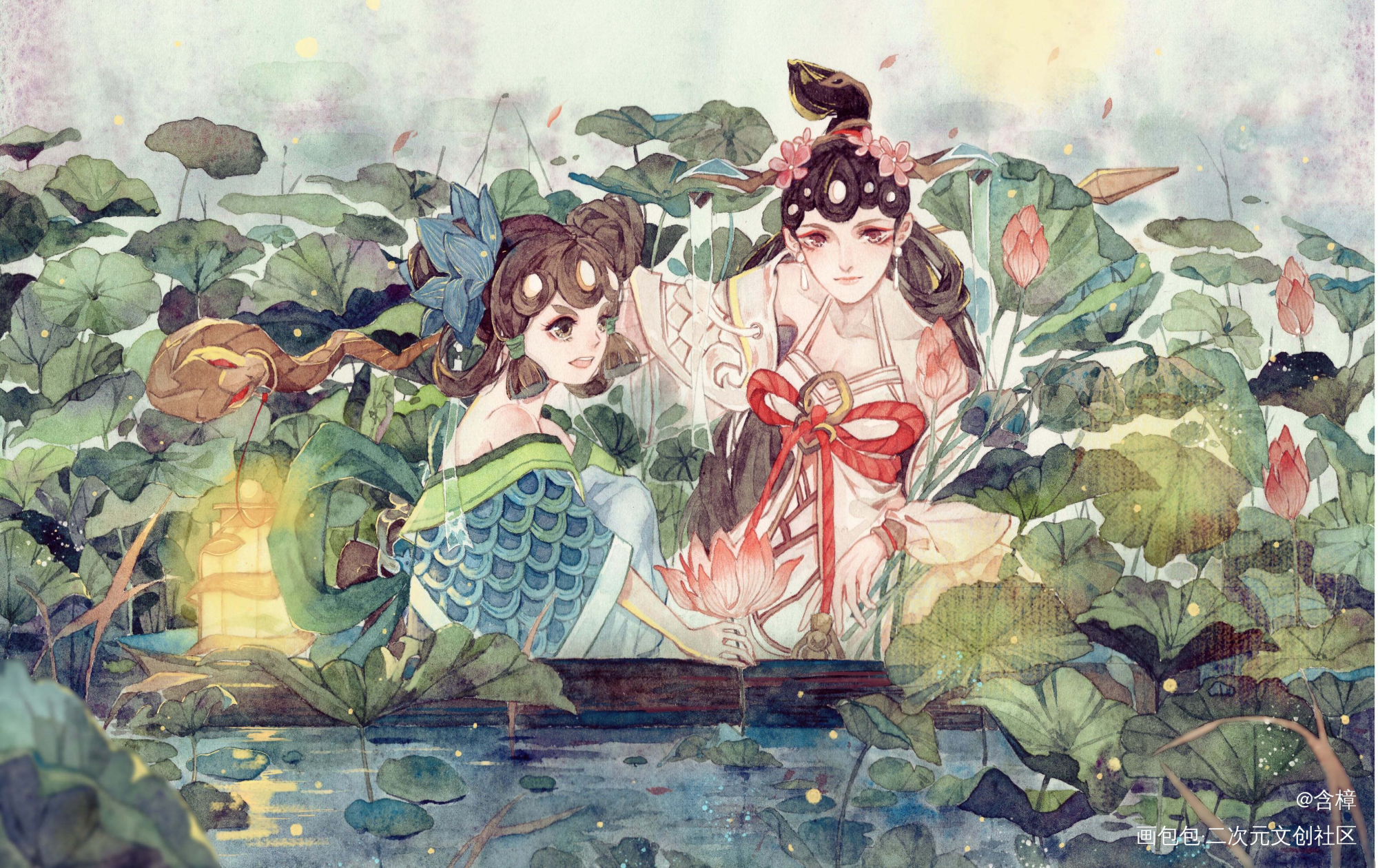 游湖_王者荣耀小乔大乔手绘水彩头像插画绘画作品