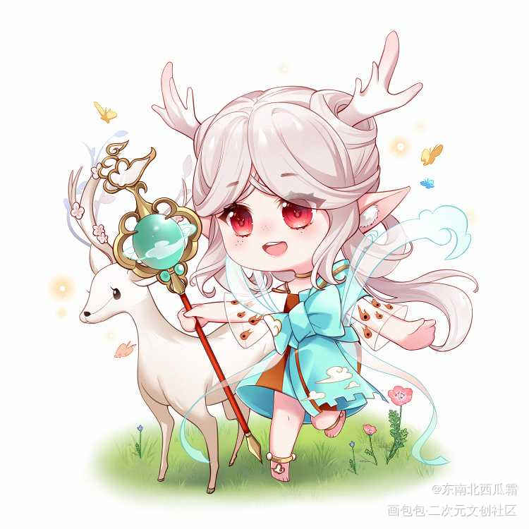 遇见神鹿_王者荣耀瑶立绘平涂日系Q版我要上首推插画同人绘画作品