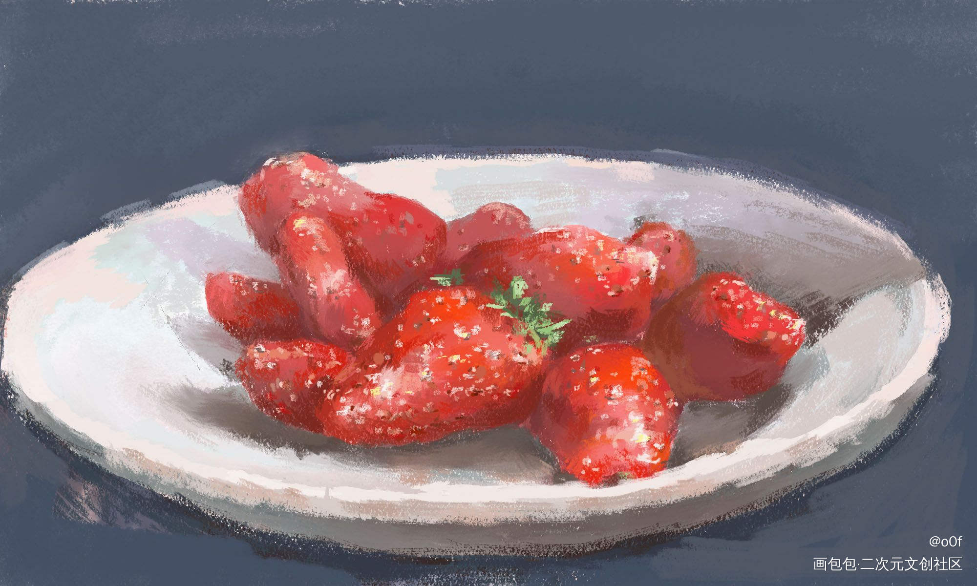 草莓_厚涂日系美食插画美食草莓板绘绘画作品