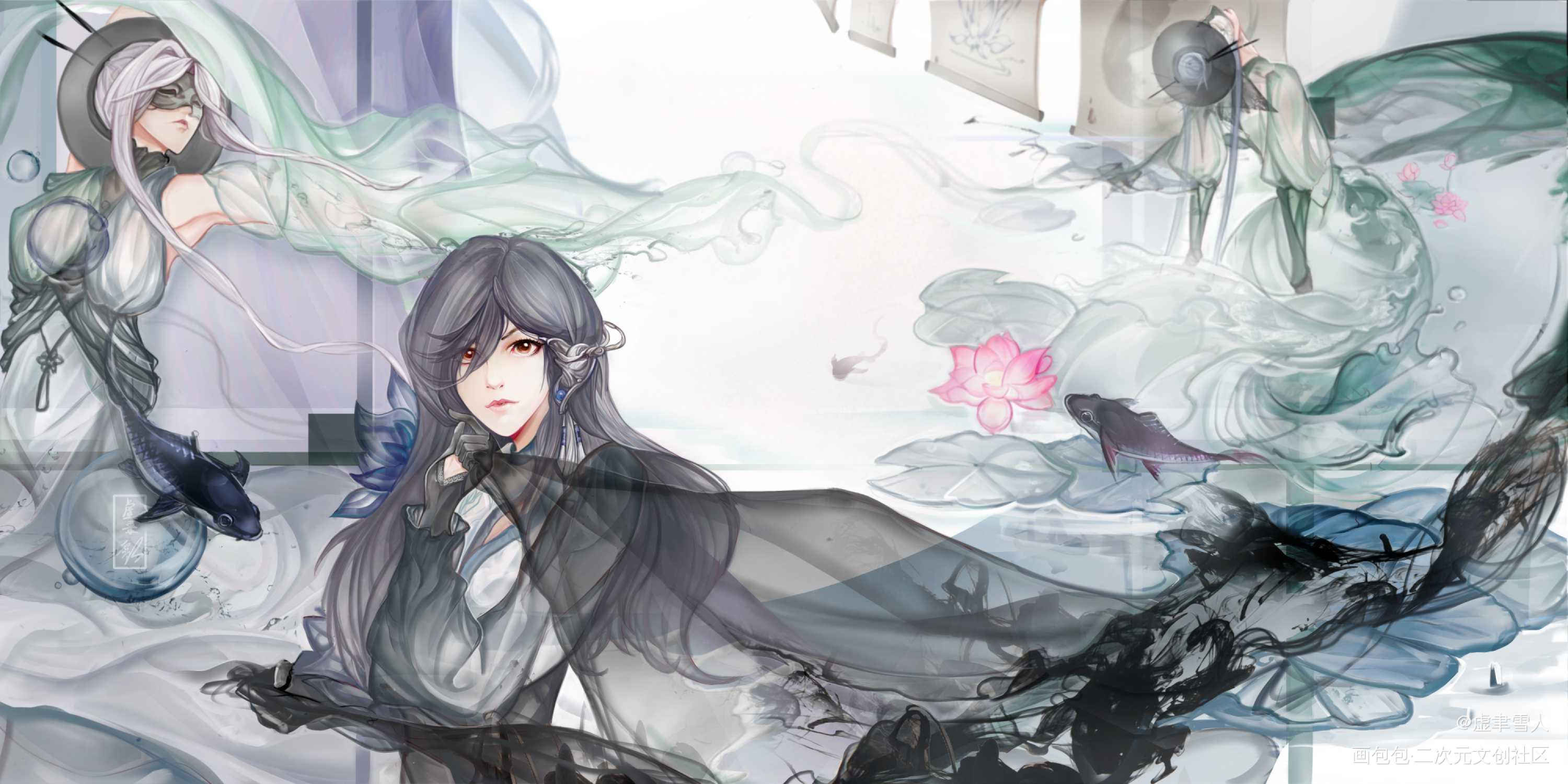 仿水墨_水墨莲花插画原创插画原创绘画作品