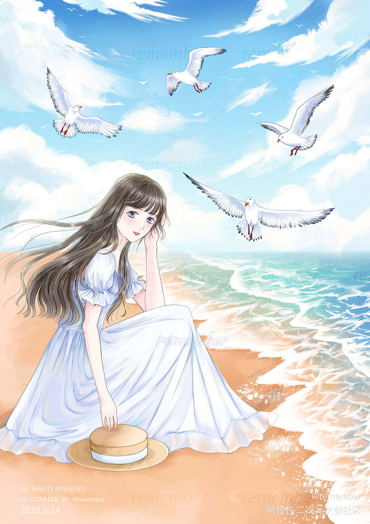 海滩上吹风的是少女_平涂日系求点评求配文我要上首推插画绘画原创绘画作品