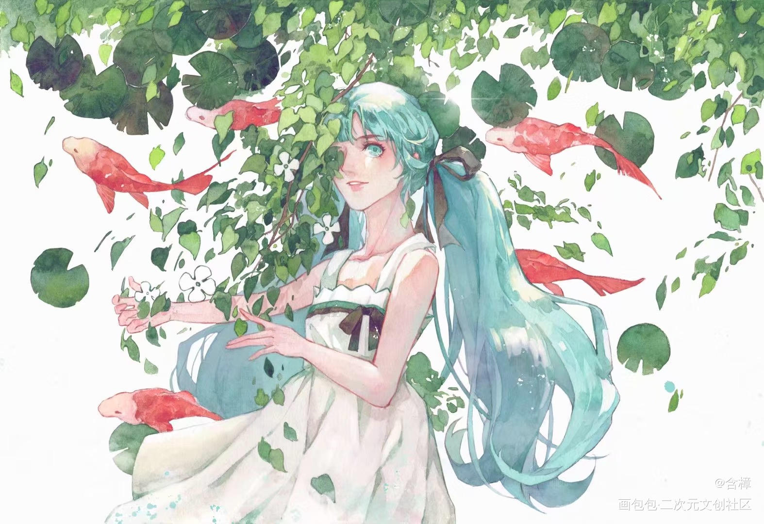 绿叶红鲤_手绘水彩手绘水彩插画原创原创oc绘画作品