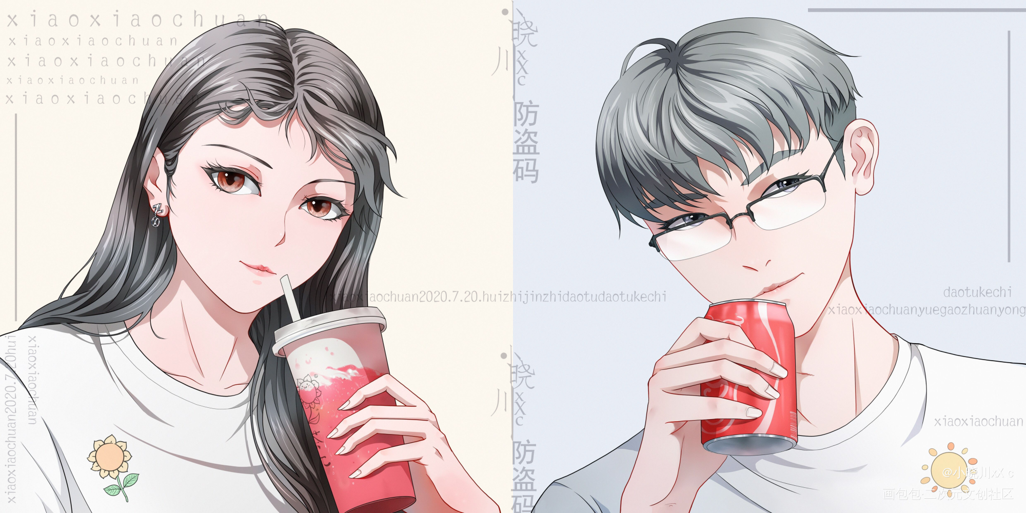 一对情头的绘画过程～_平涂日系我要上首推头像原创原创绘画作品