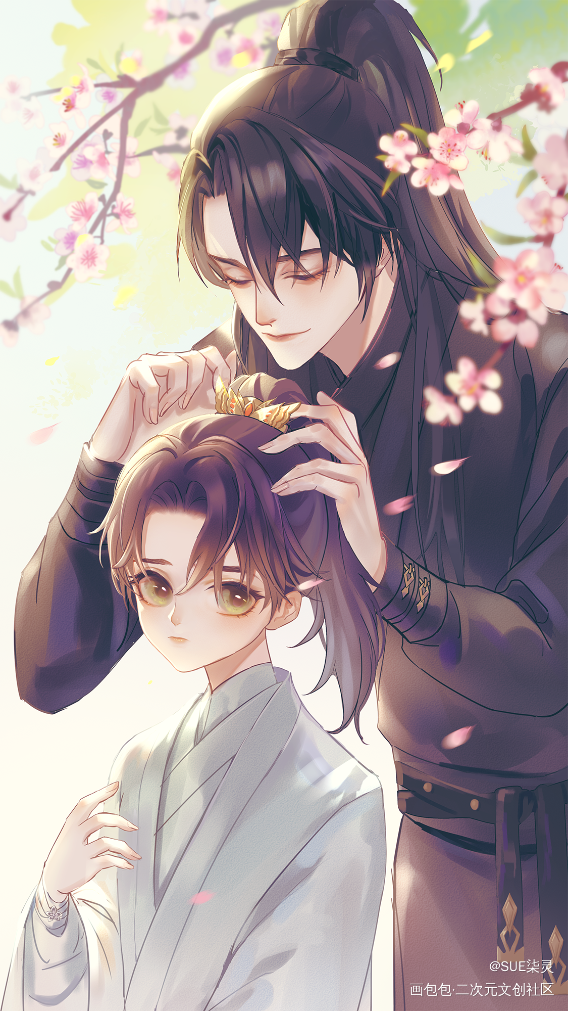 来，师兄给你绑头发_二哈和他的白猫师尊二哈和他的白猫师尊夏司逆墨燃古风绘画作品