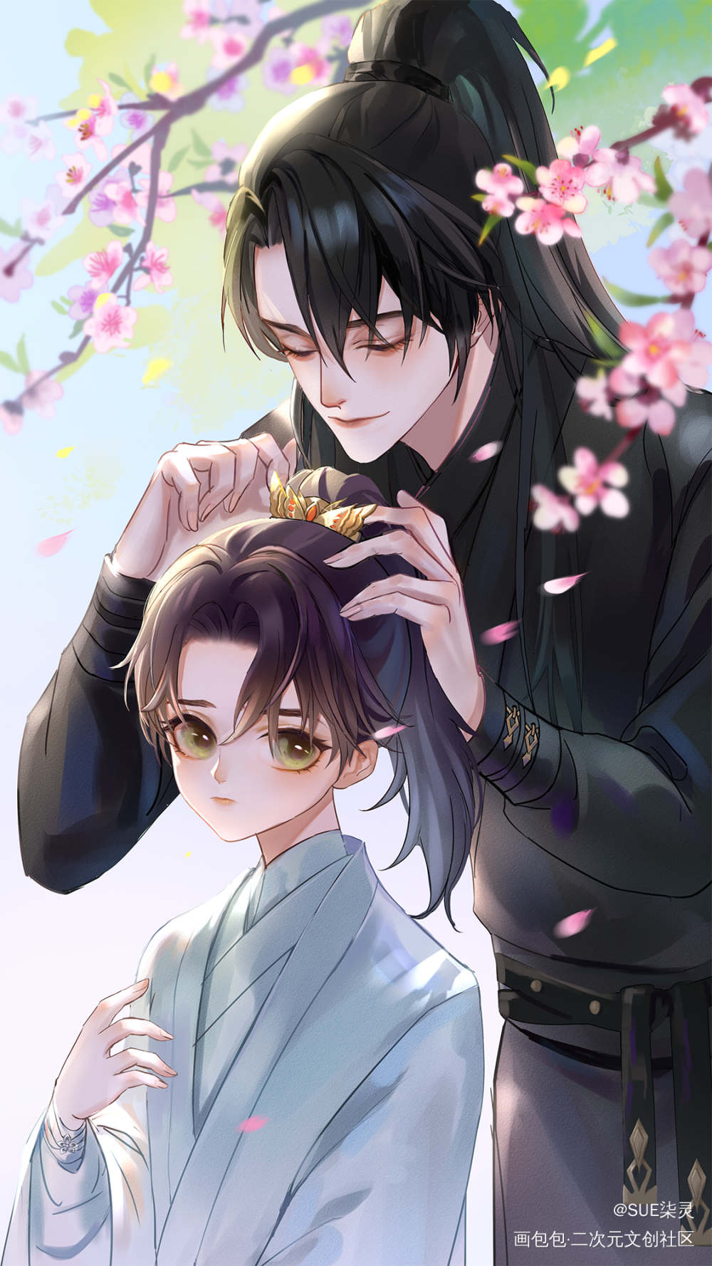 来，师兄给你绑头发_二哈和他的白猫师尊二哈和他的白猫师尊夏司逆墨燃古风绘画作品