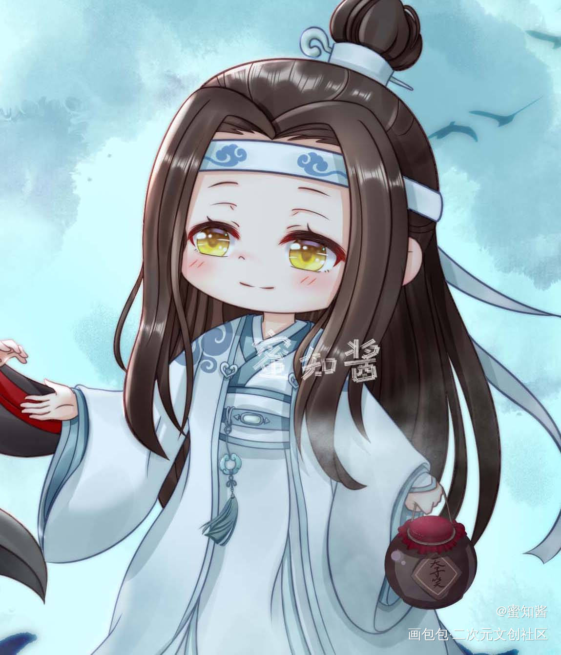 魔道祖师忘羡七夕贺图-蜜知酱_魔道祖师忘羡蓝忘机魏无羡魏无羡蓝忘机立绘平涂日系Q版我要上首推插画同人魔道祖师Q版绘画作品