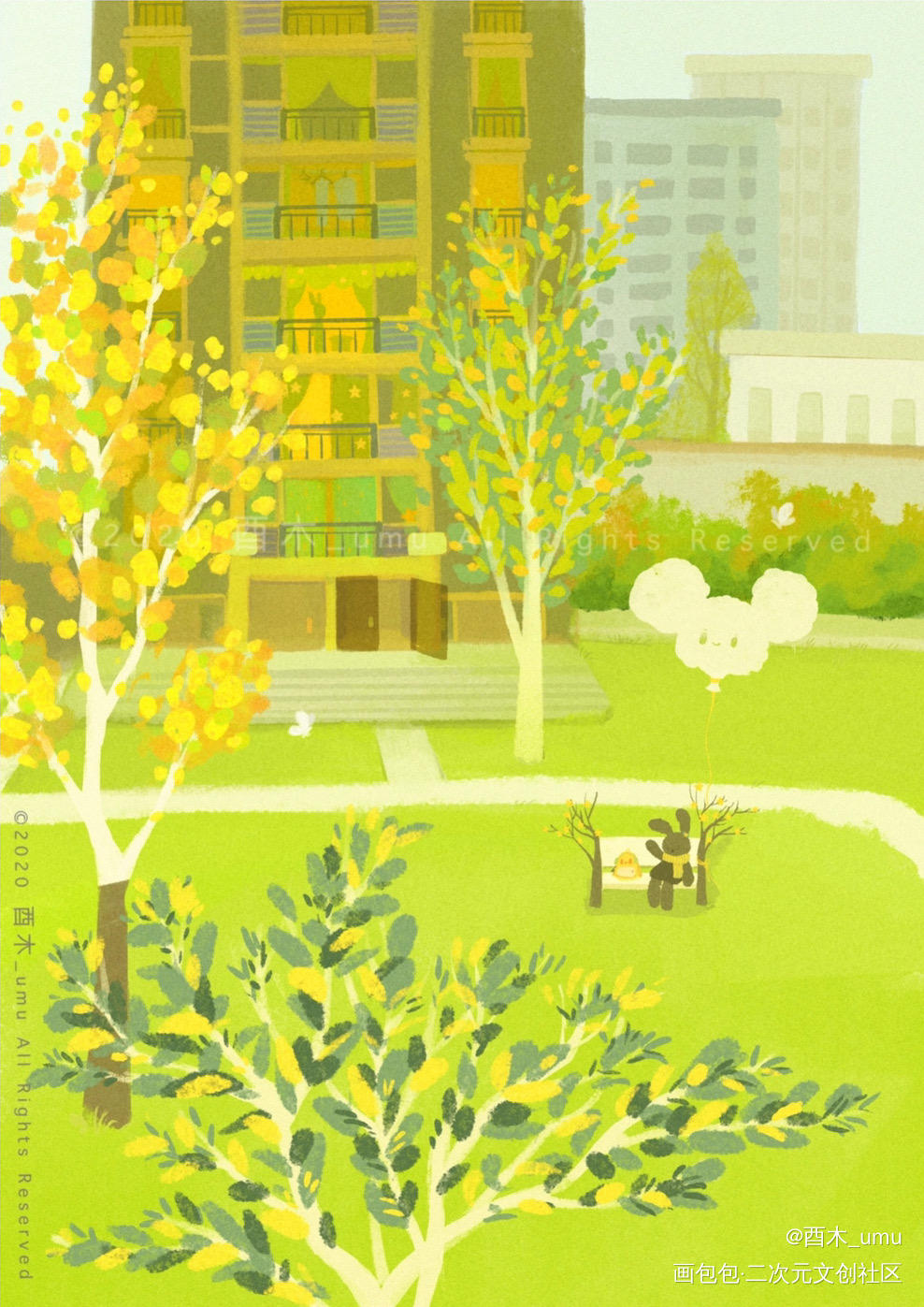 窗外小世界_平涂日系插画酉木风景原创绘画作品