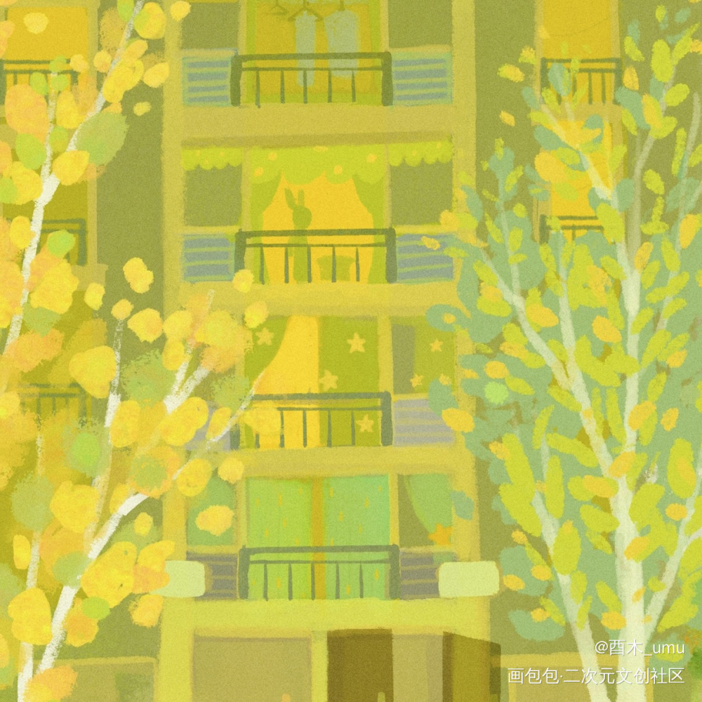 窗外小世界_平涂日系插画酉木风景原创绘画作品
