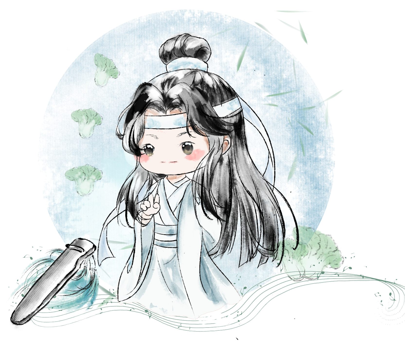 忘羡情头_魔道祖师忘羡忘羡蓝忘机魏无羡水墨Q版头像插画同人绘画作品