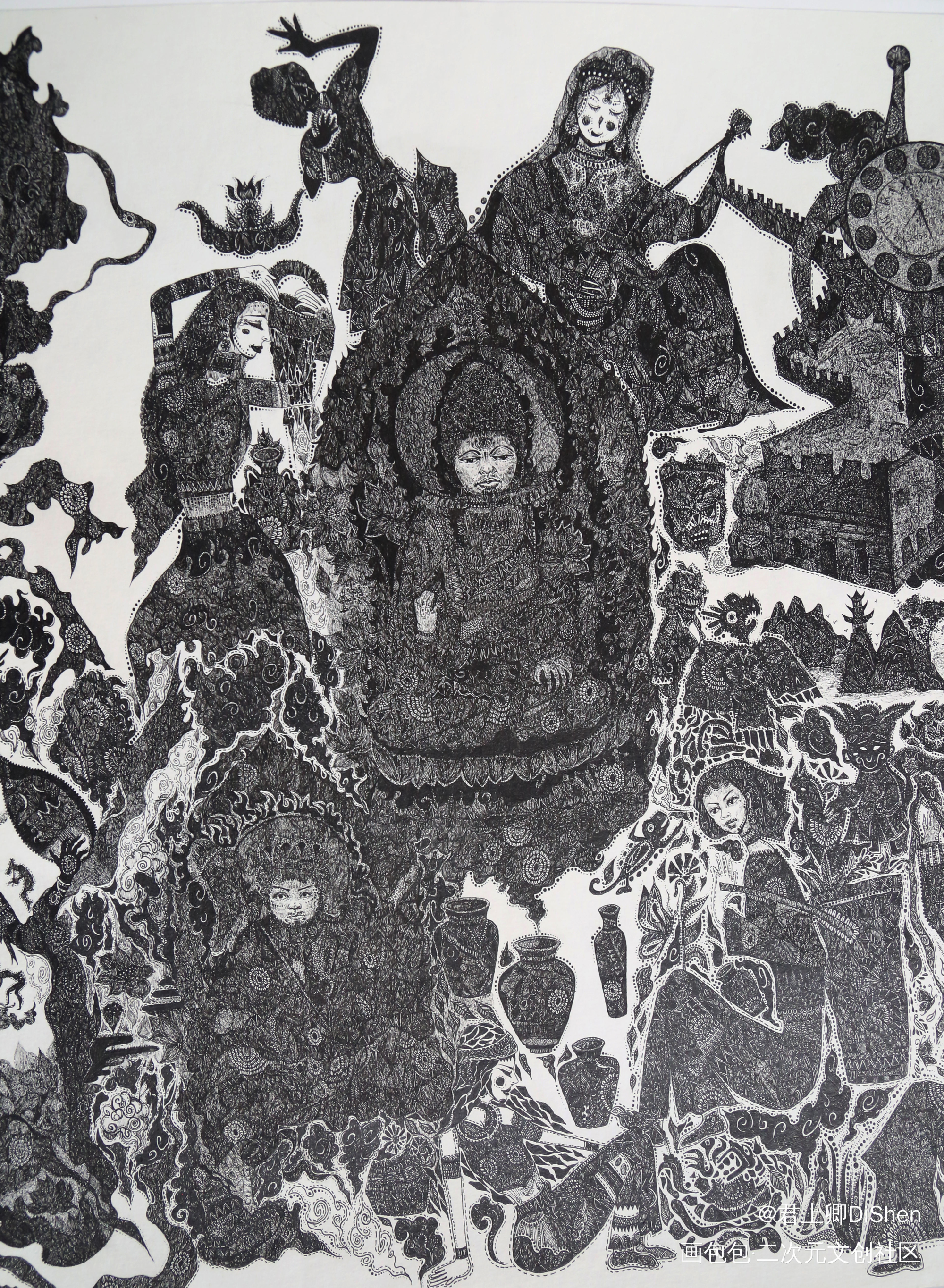 _敦煌平涂插画黑白插画原创绘画作品