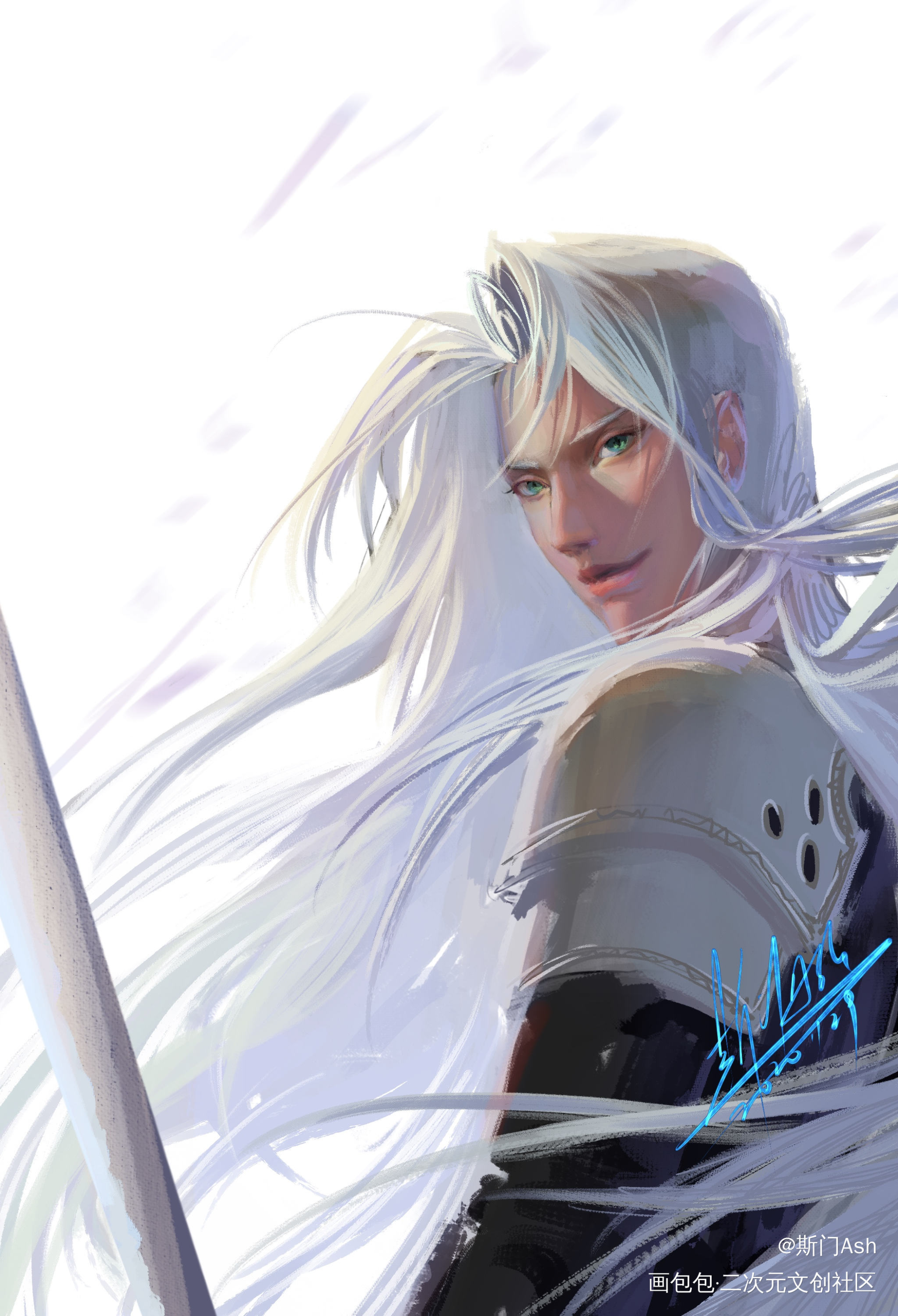 老萨_最终幻想7萨菲罗斯厚涂FF7绘画作品