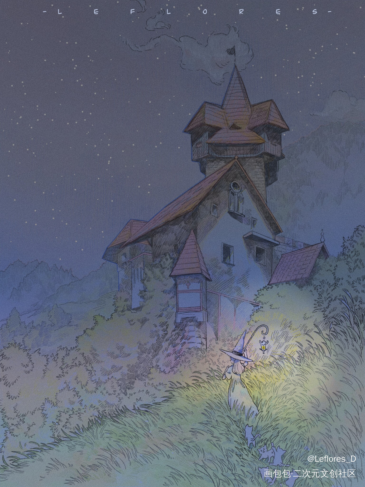喵喵夜袭！_平涂插画原创原创绘画作品
