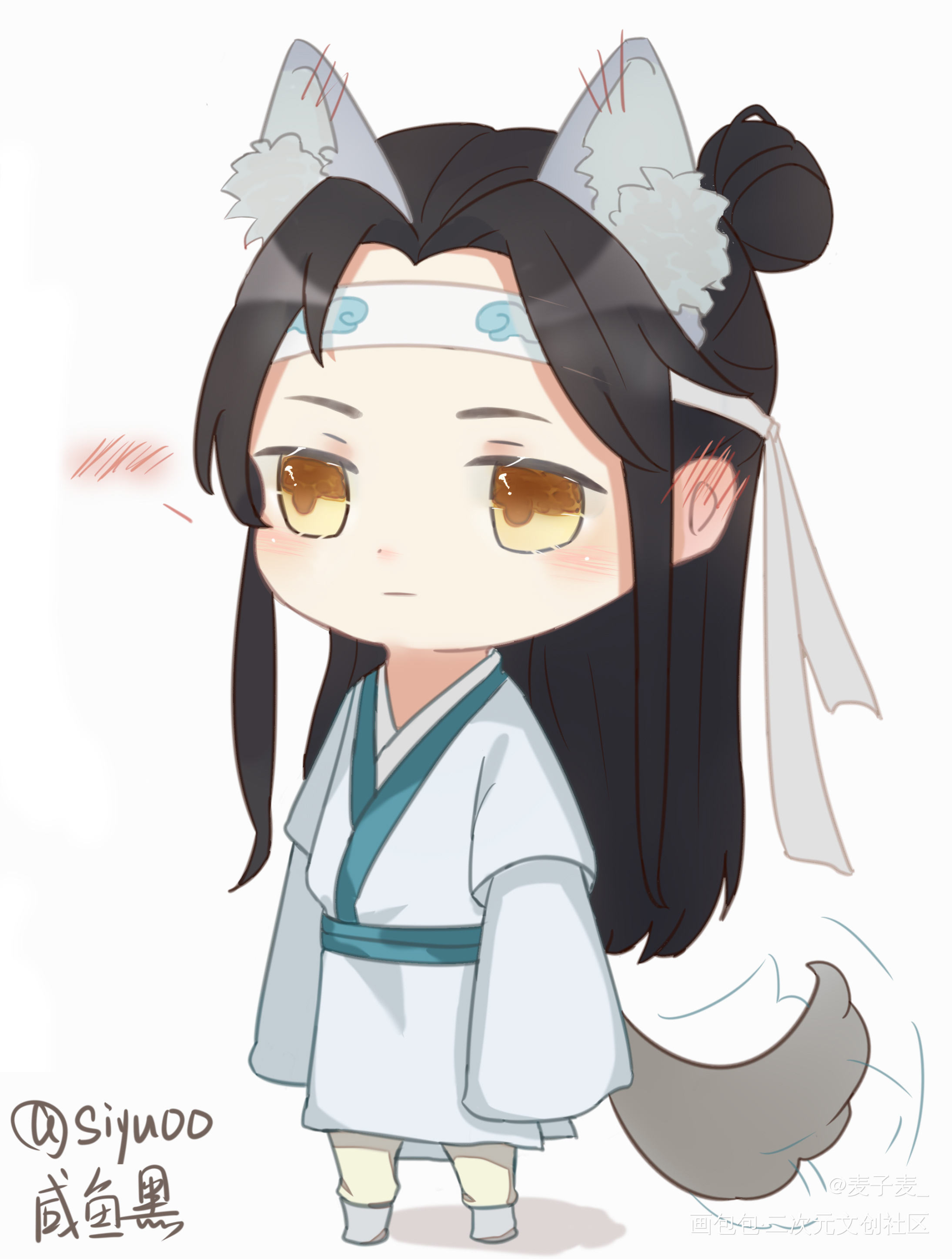 一只汪叽(￣▽￣)_魔道祖师蓝湛蓝忘机平涂日系Q版魔道祖师Q版绘画作品