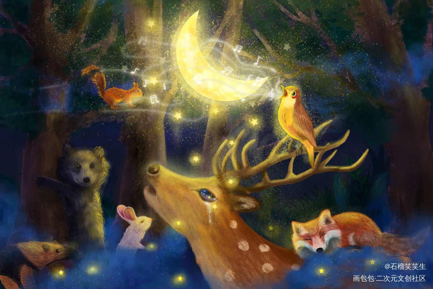 夜莺_夜莺平涂插画绘画作品
