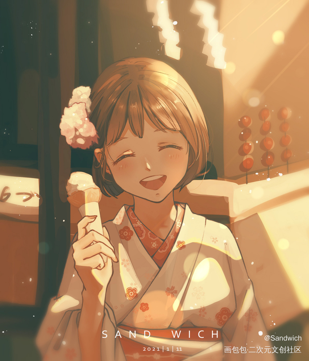 甜甜的冰激凌搭配甜甜的笑容_糖果少女平涂日系插画二次元绘画作品