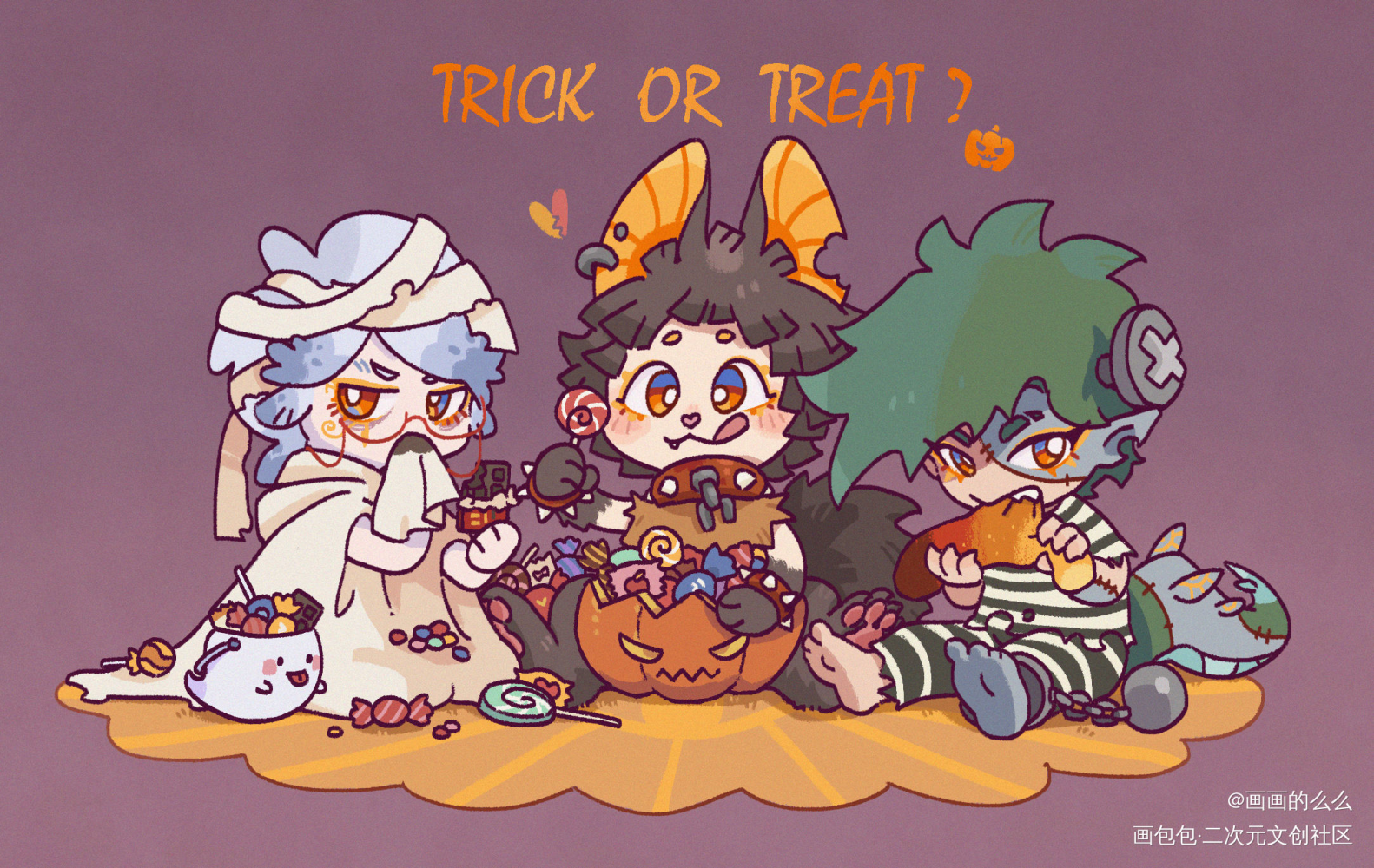 Trick or Treat？_人群中的神明平涂Q版万圣节插画原创oc绘画作品