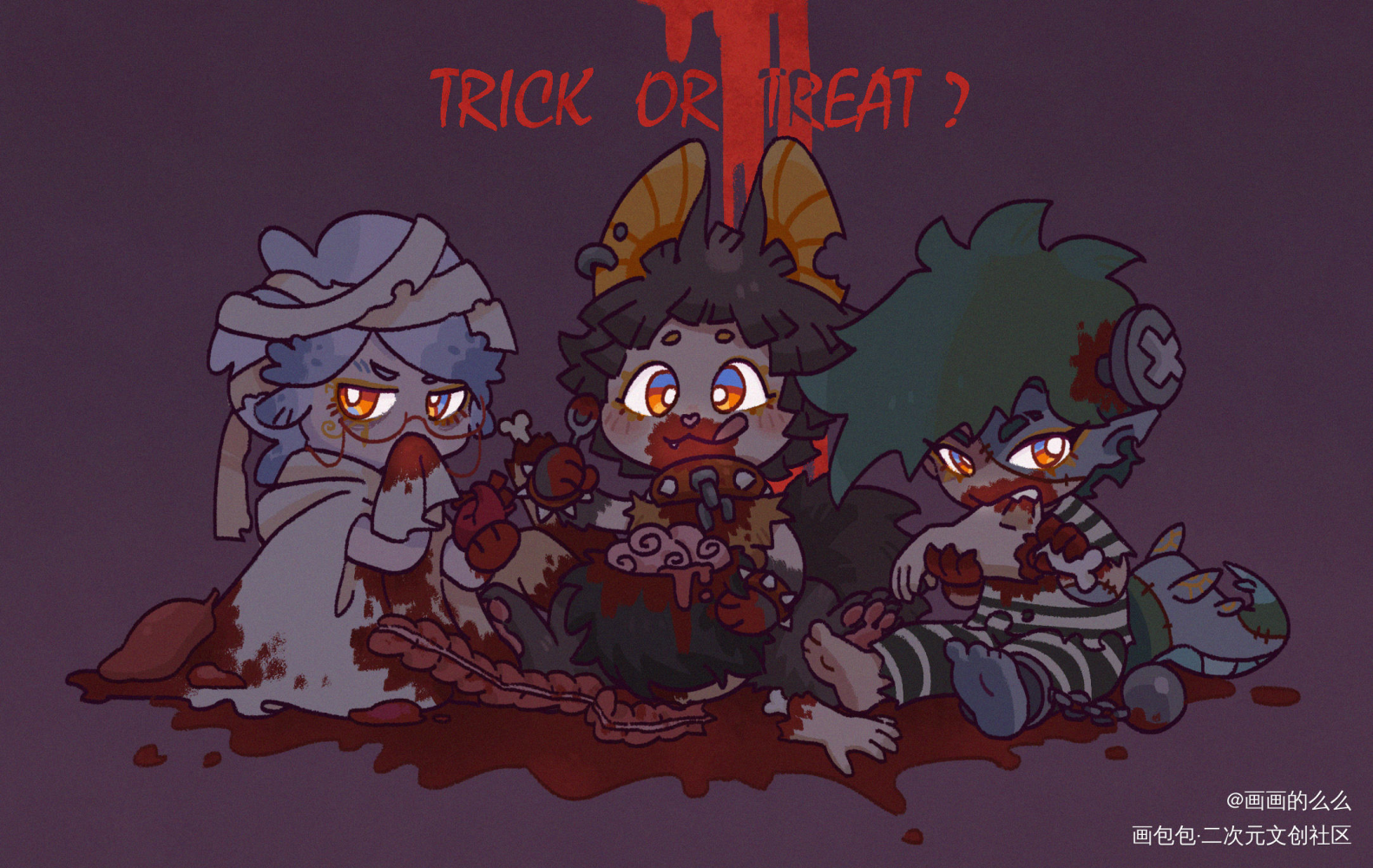 Trick or Treat？_人群中的神明平涂Q版万圣节插画原创oc绘画作品