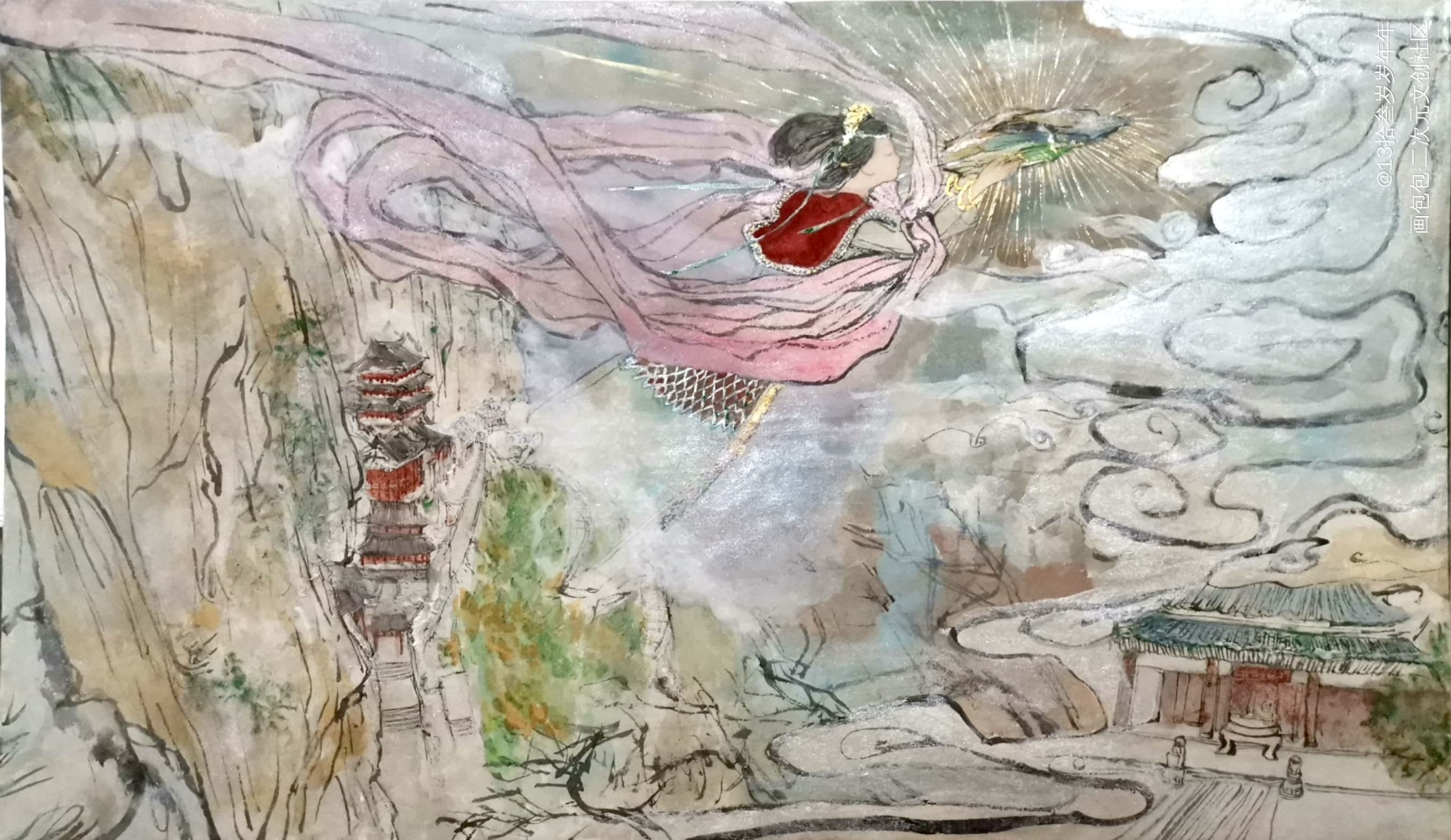 娲皇宫_女娲颜彩古风水彩娲皇宫插画原创作品岩彩原创绘画作品