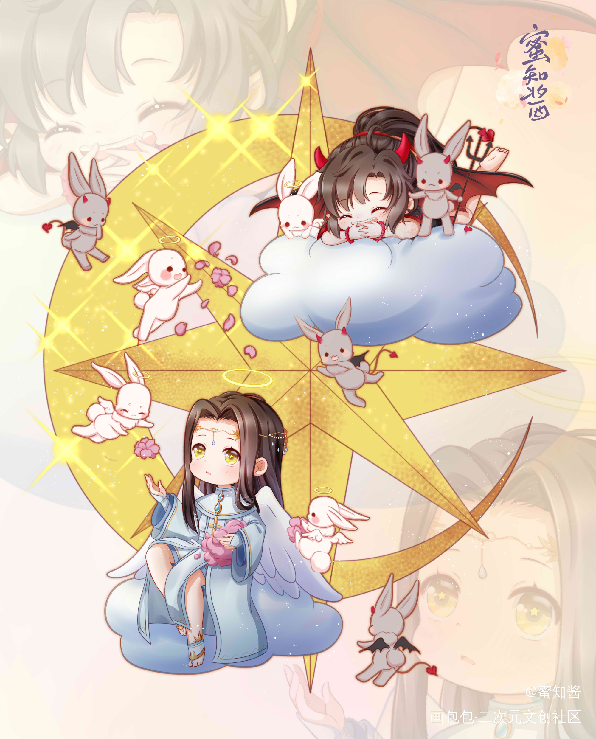 天使叽恶魔羡版楼台抛花-蜜知酱_魔道祖师忘羡蓝忘机魏无羡魏无羡蓝忘机平涂日系Q版我要上首推插画同人魔道祖师，天官赐福魔道祖师Q版绘画作品