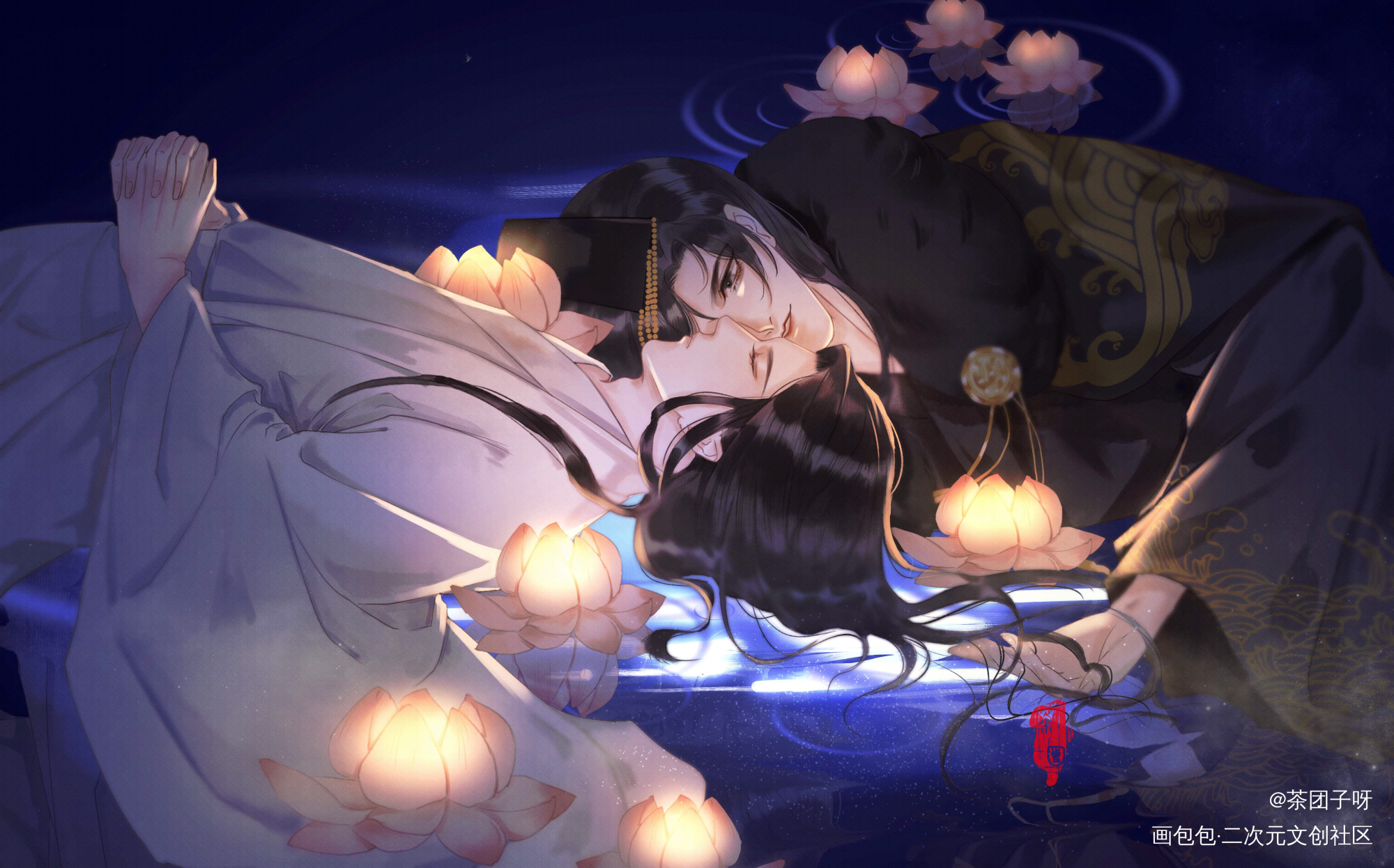 红莲水榭_二哈和他的白猫师尊燃晚墨燃楚晚宁古风平涂插画同人绘画作品