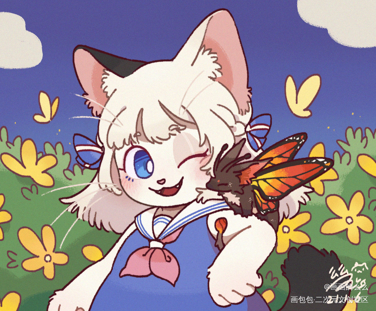 贴贴~_平涂日系插画么么日常自设原创oc绘画作品