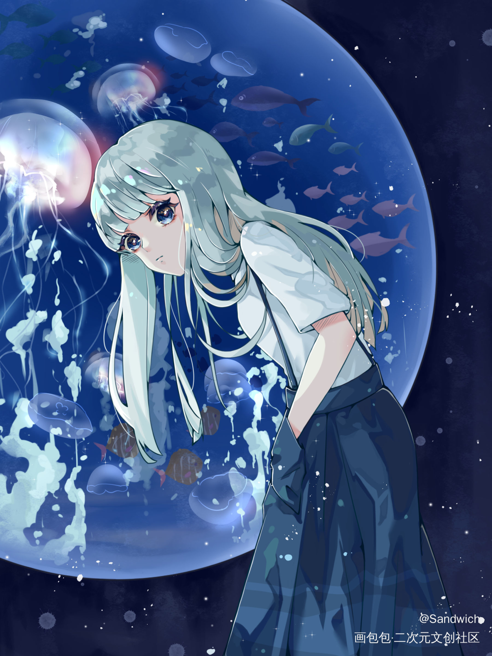 参观水族馆的女孩_日系插画少女插画原创绘画作品