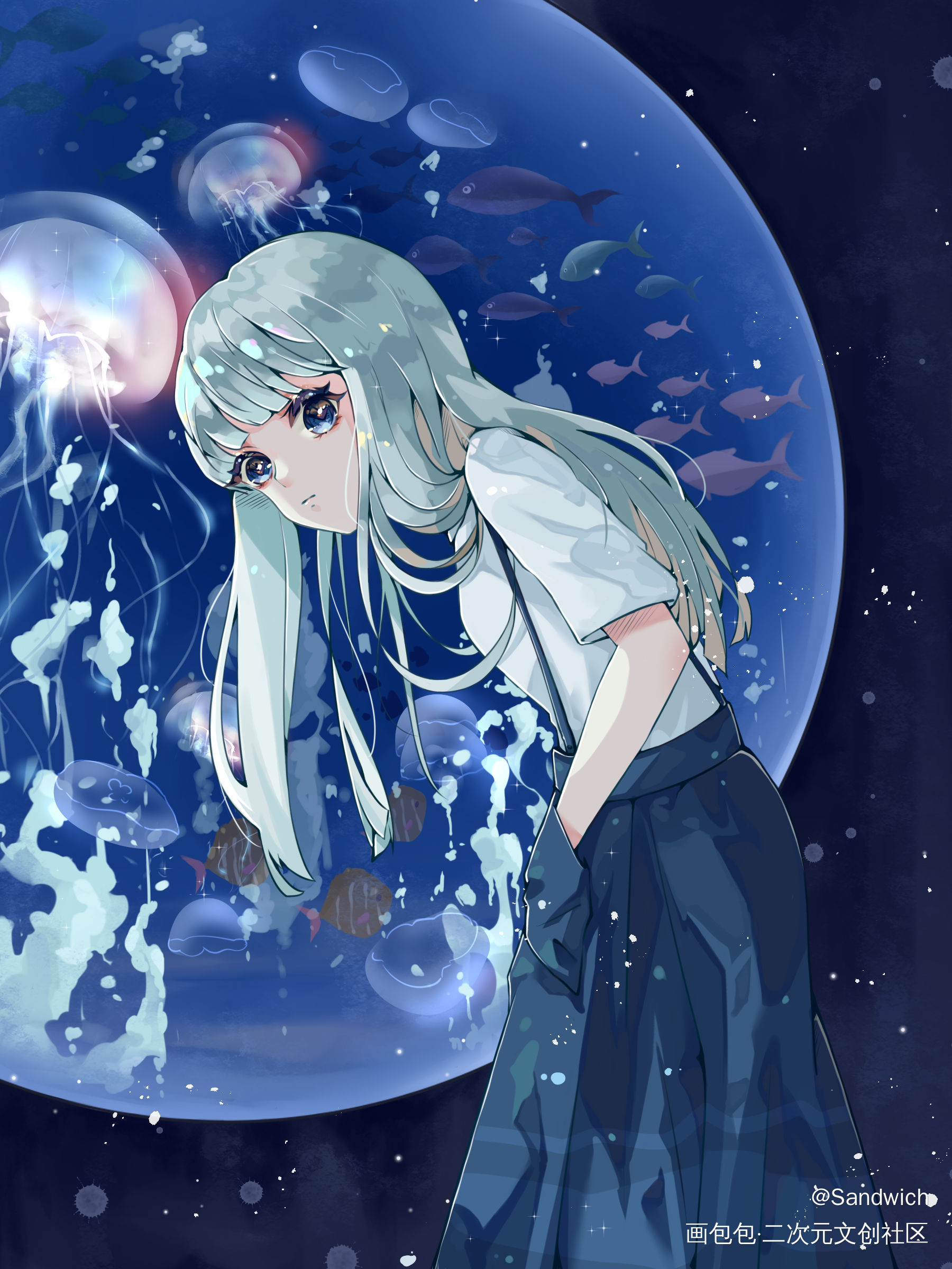 参观水族馆的女孩_日系插画少女插画原创绘画作品