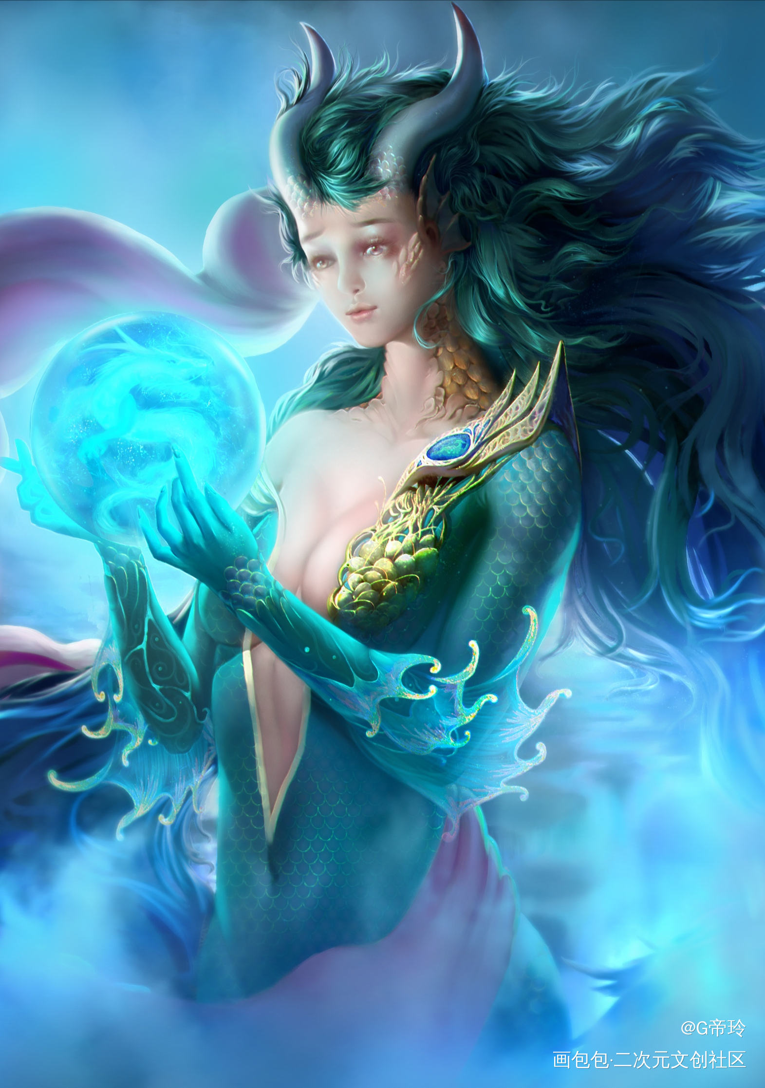 新人初到求波关注呀_荒海有龙女厚涂插画原创绘画作品