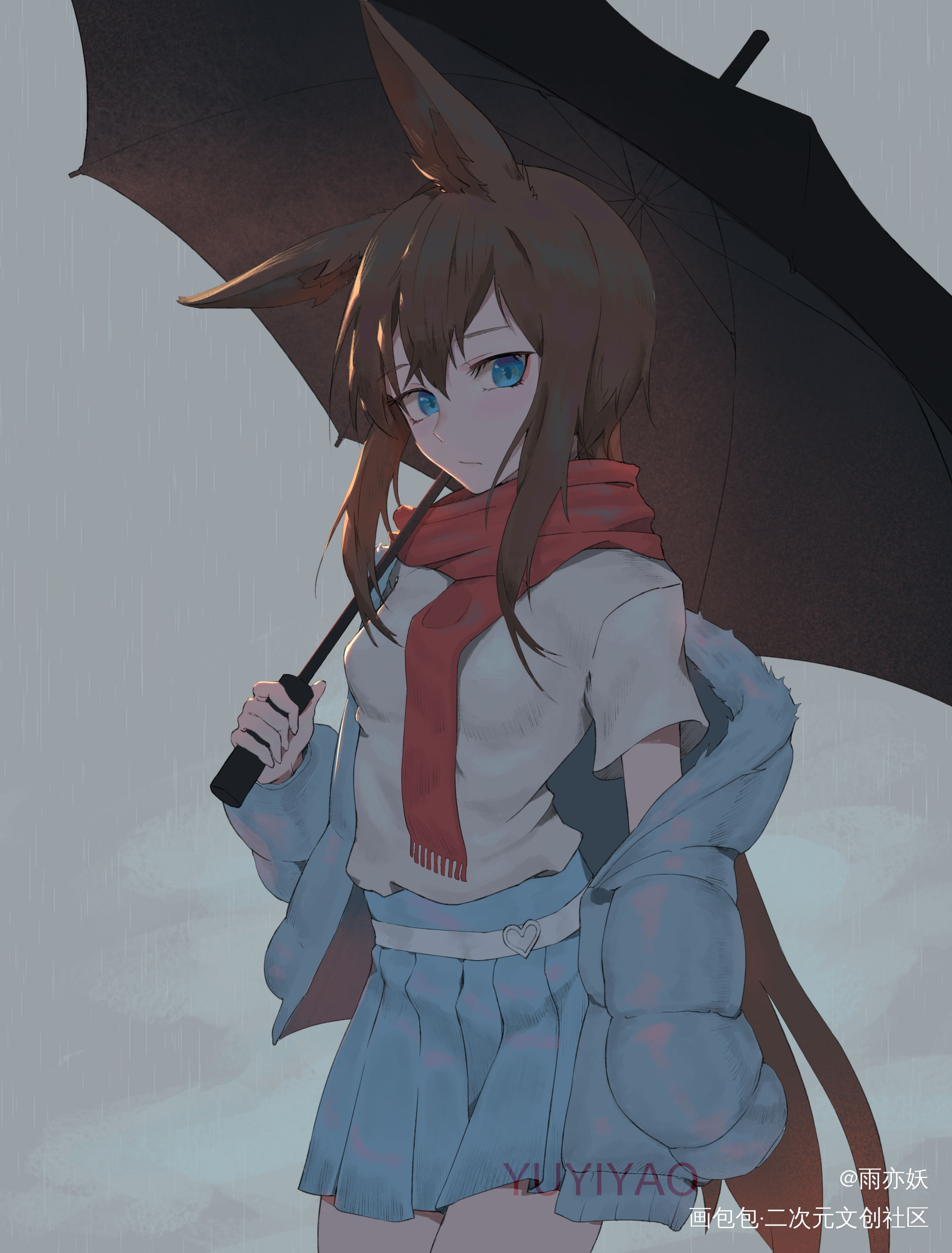 下雨了_明日方舟阿米娅日系我要上首推插画同人绘画作品