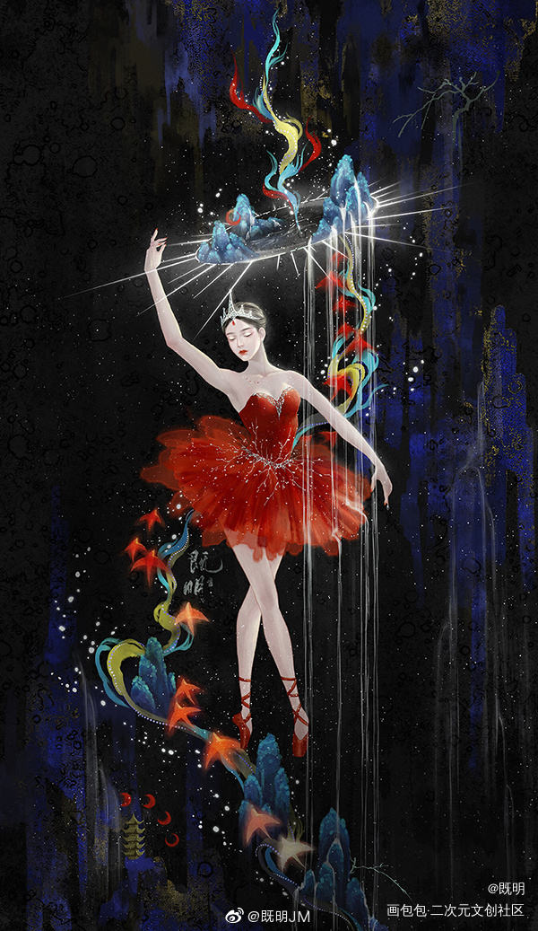 百鸟拟人之火烈鸟～_水墨古风水彩拟人插画原创绘画作品
