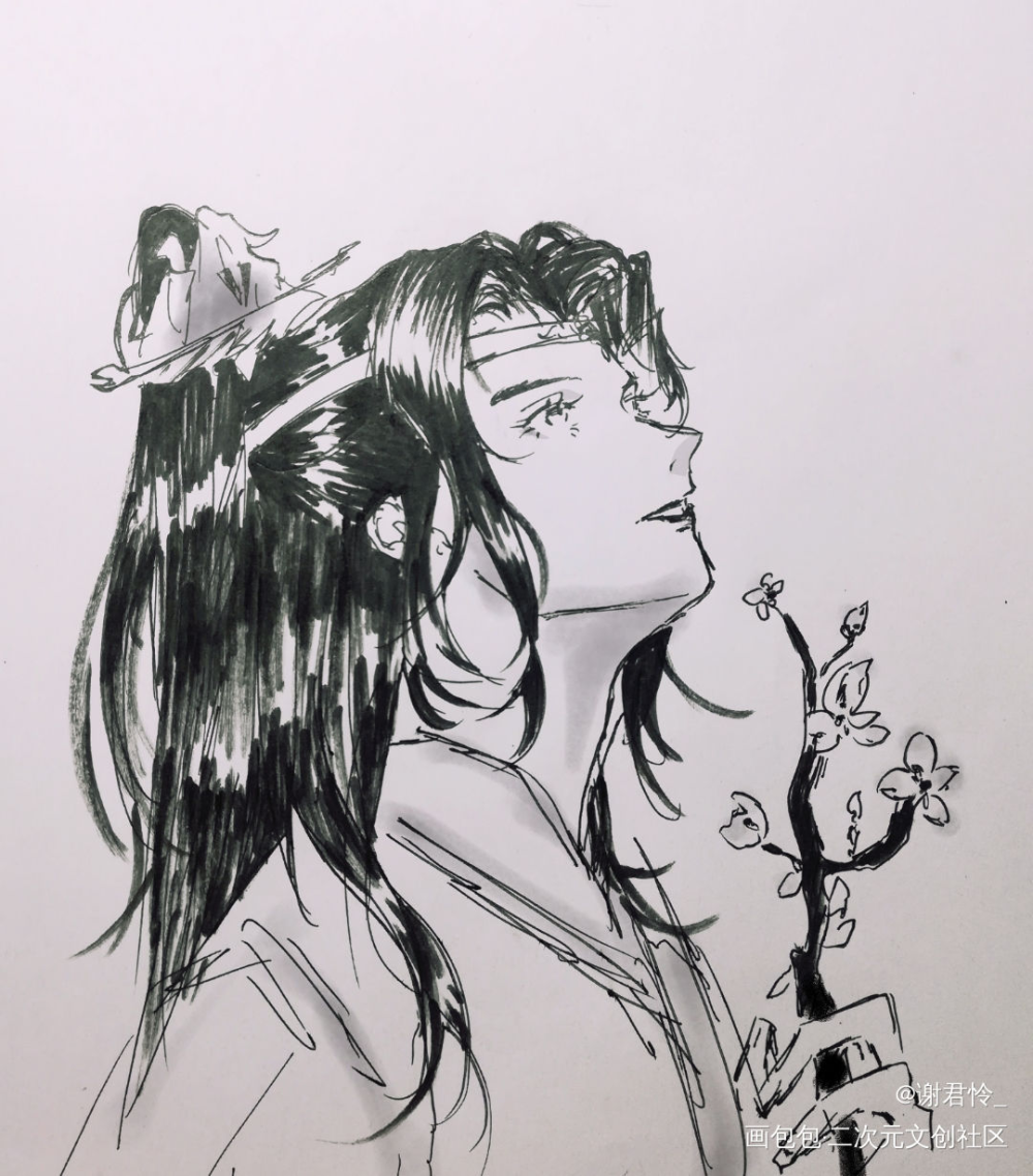 “忘机，你在看谁？”_魔道祖师蓝忘机古风平涂求配文头像同人绘画作品