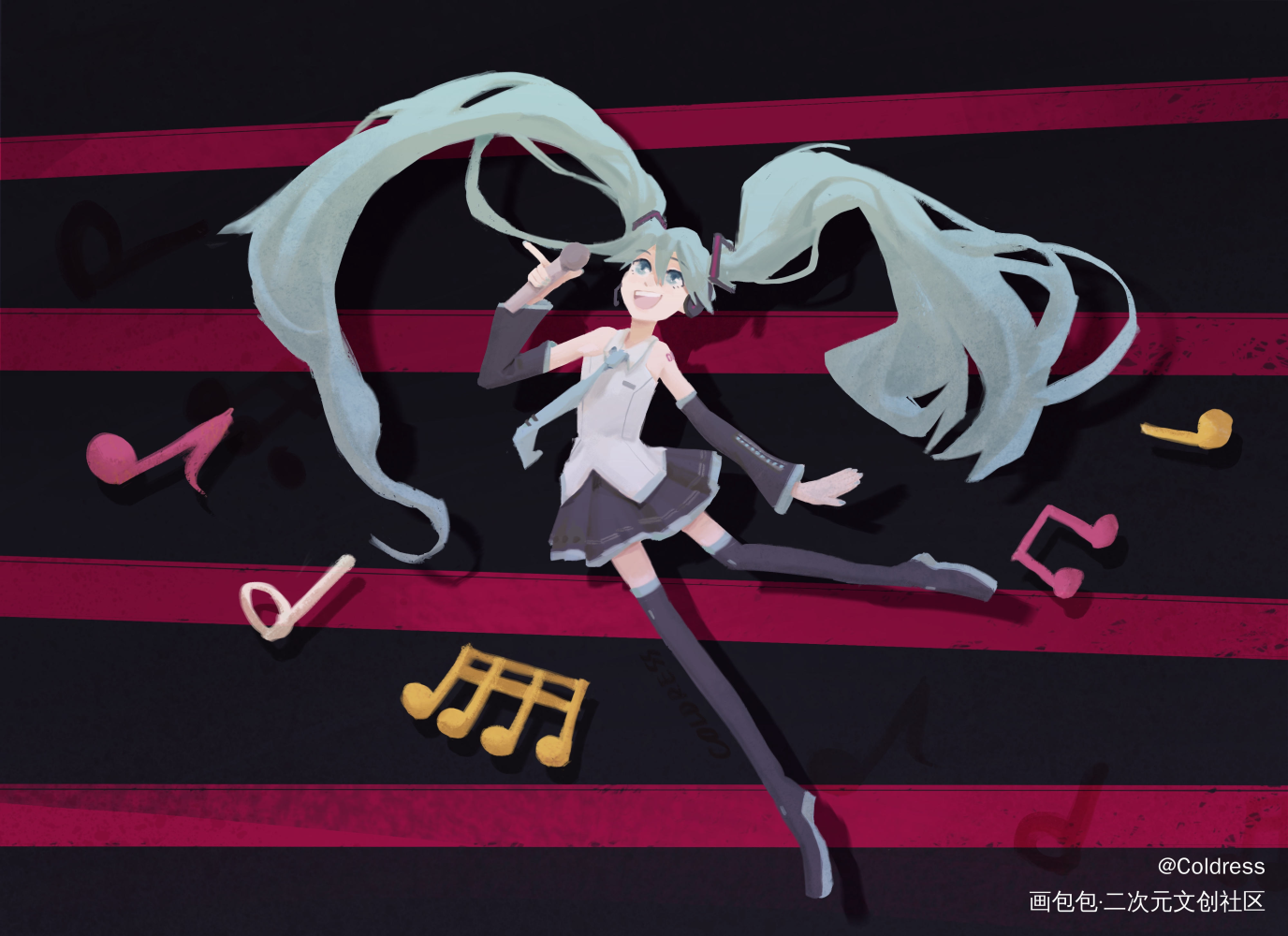 Miku_初音未来初音厚涂Q版插画同人初音miku绘画作品