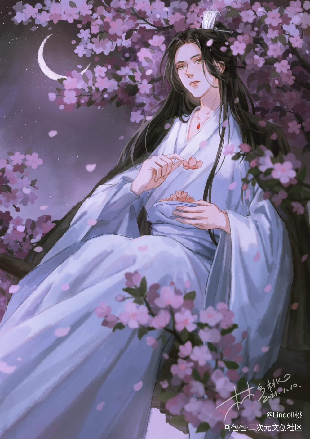 月下赏花的师尊_二哈和他的白猫师尊燃晚楚晚宁古风插画同人绘画作品