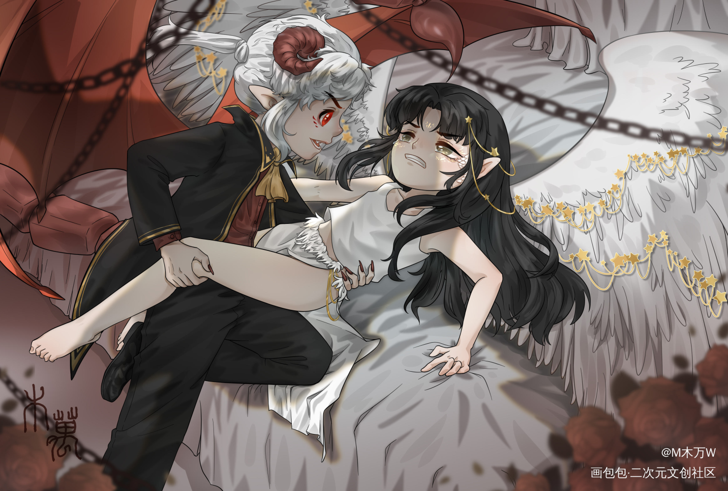 恶魔✘天使_二哈和他的白猫师尊燃晚绘画作品