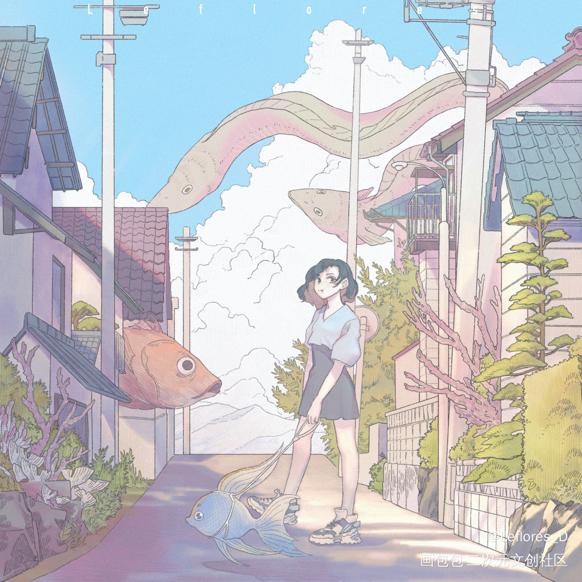 散步的她_平涂日系求点评求配文我要上首推插画原创绘画作品