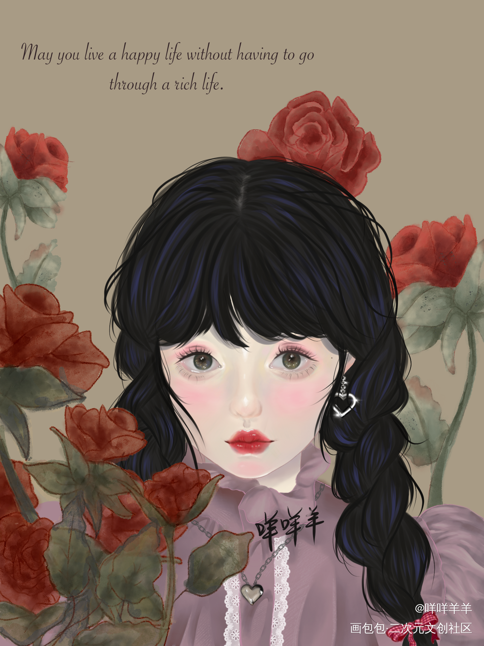 红玫瑰少女_手绘厚涂平涂照片练习绘画作品