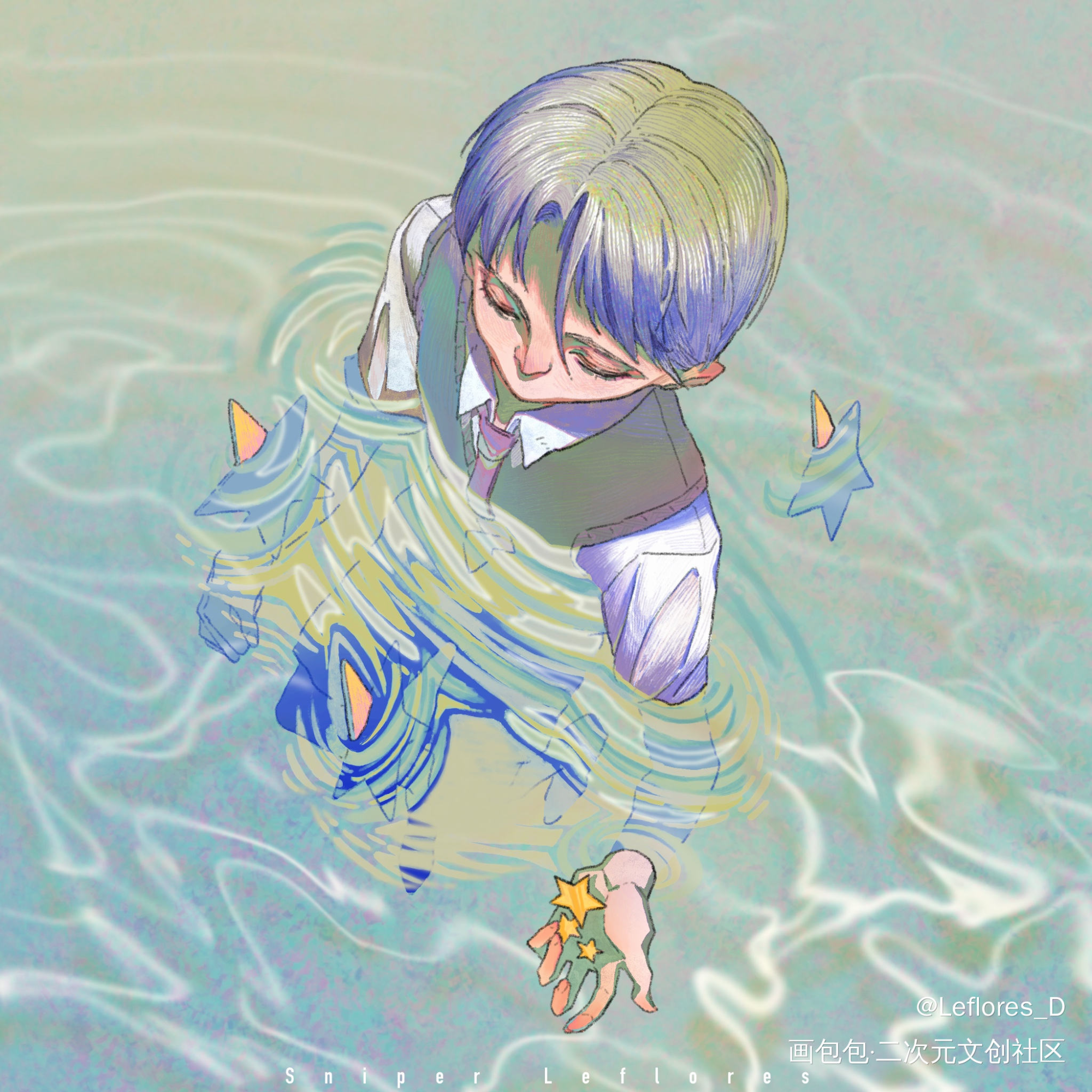 少年与星星_平涂日系求点评求配文我要上首推头像插画原创绘画作品