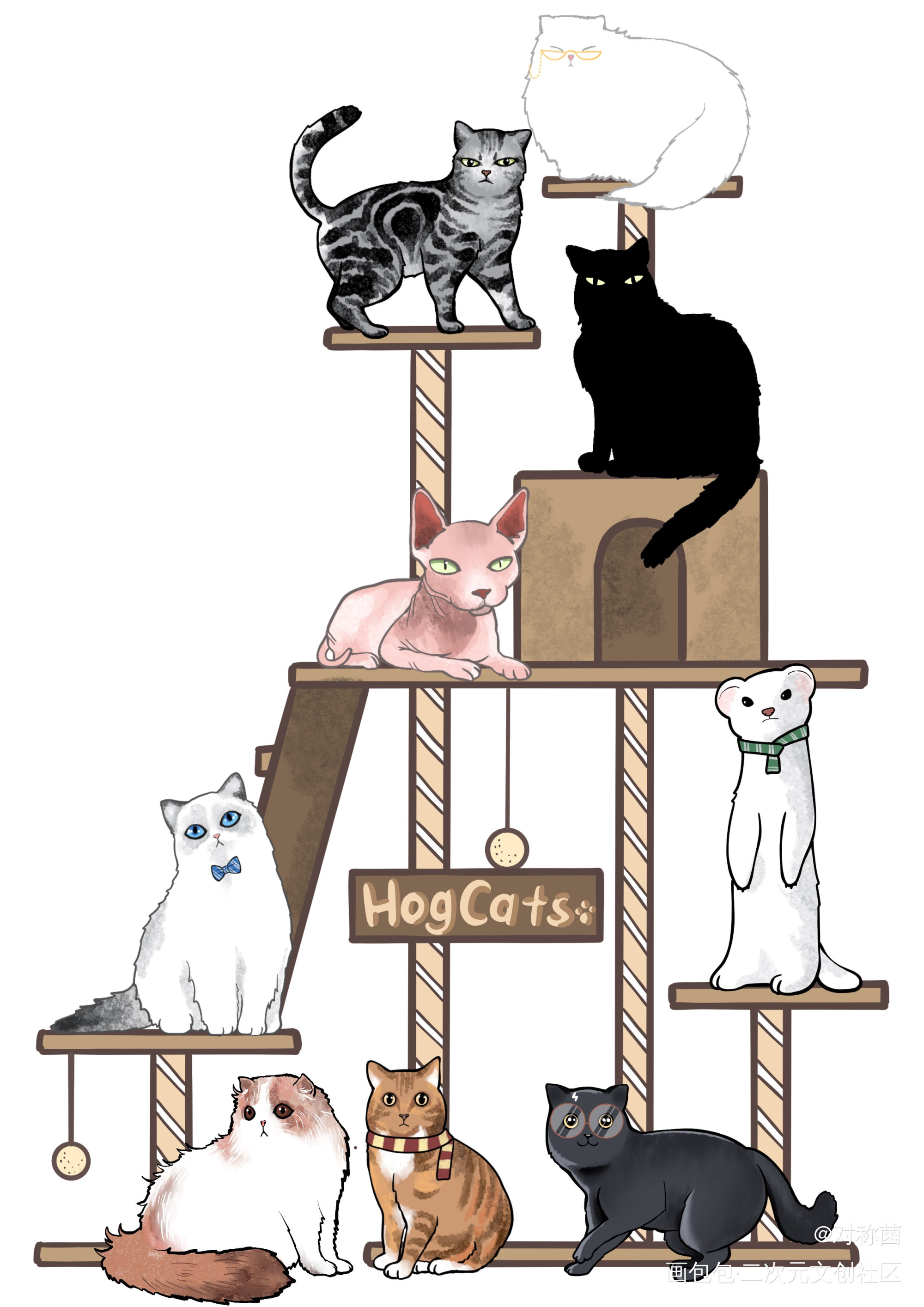 霍格沃茨全员拟猫_哈利波特斯内普罗恩赫敏德拉科马尔福平涂绘画绘画作品