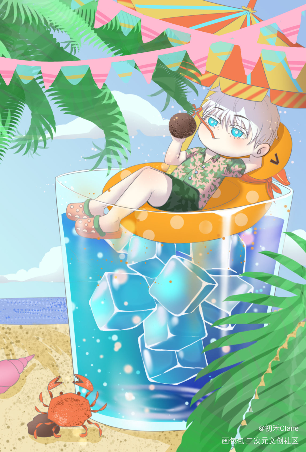 来和悟一起度假₍•ʚ•₎•ʚ•_咒术回战五条悟Q版插画同人绘画作品