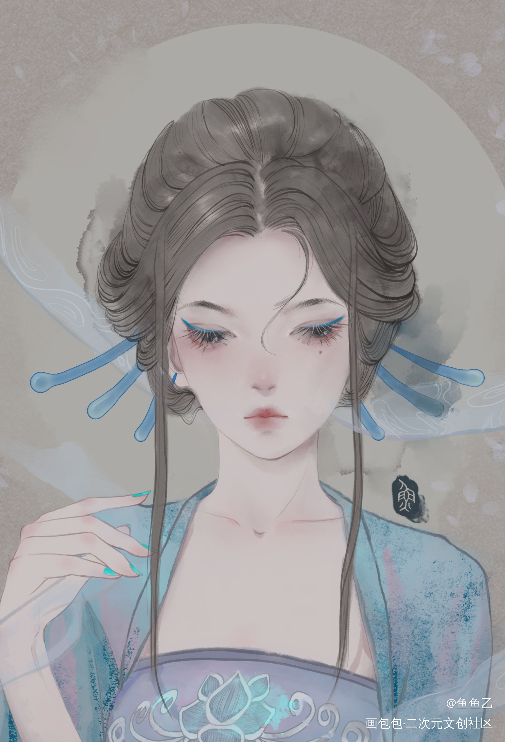 蓝色洋桔梗花拟人_古风平涂绘画作品