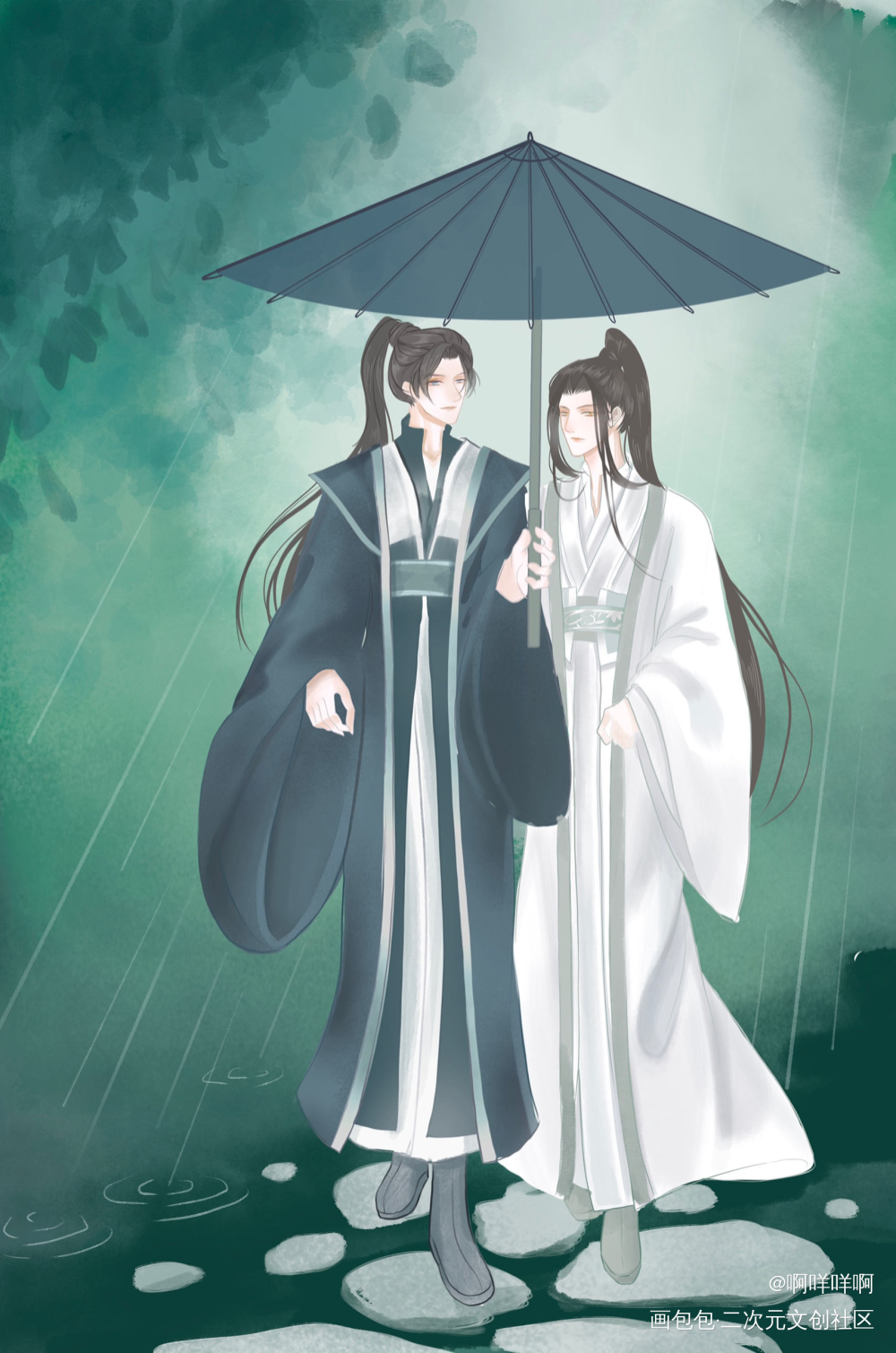 雨中_二哈和他的白猫师尊燃晚墨燃楚晚宁绘画作品