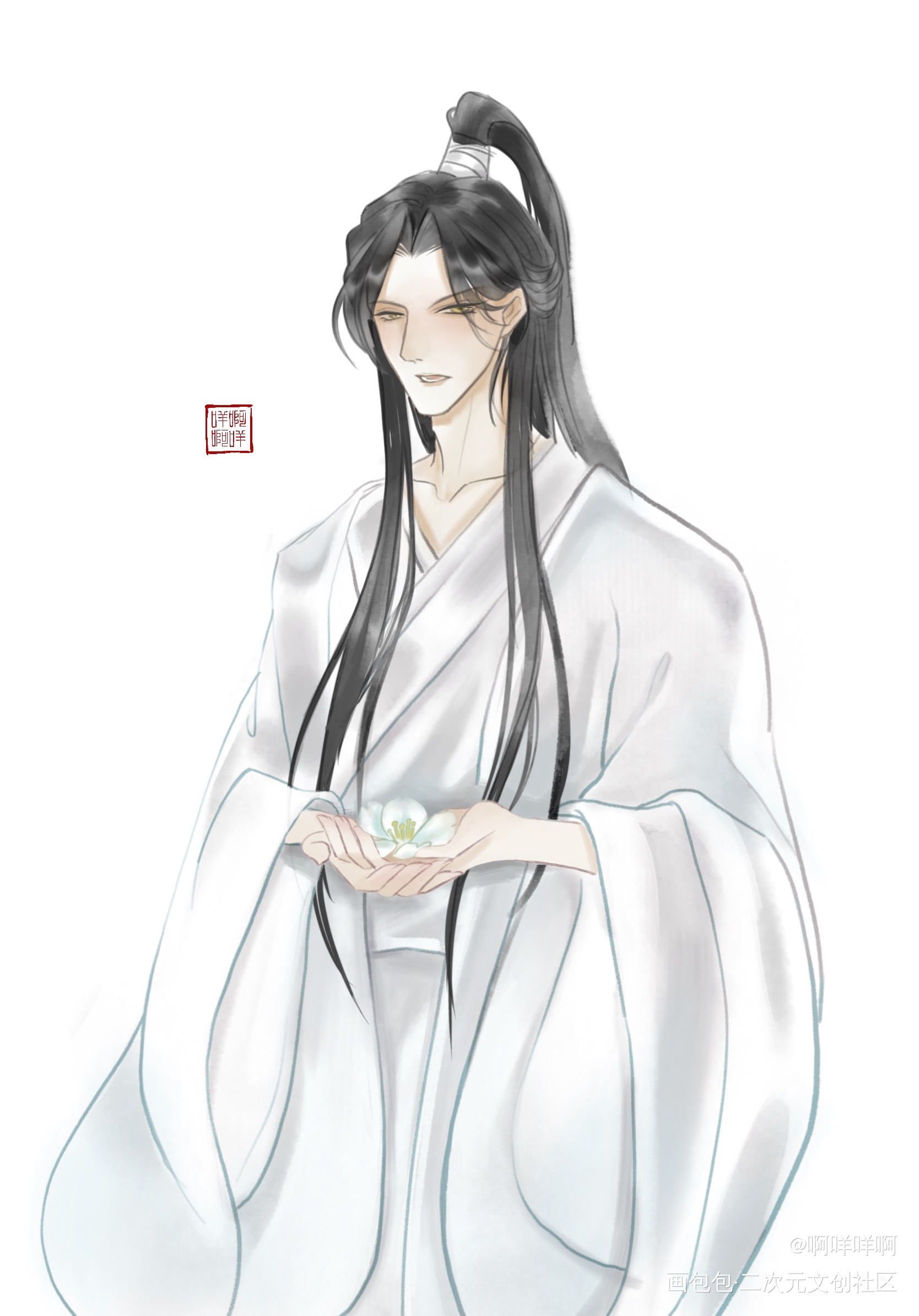 折花赠美人_二哈和他的白猫师尊燃晚楚晚宁绘画作品