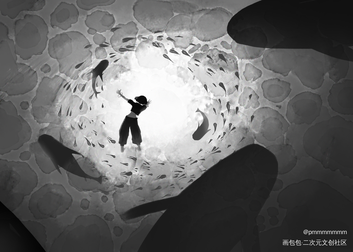 发张黑白稿打个卡_平涂场景原创绘画作品