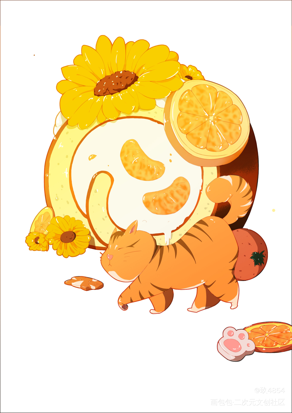 自家胖橘和小蛋糕～_平涂猫绘画作品