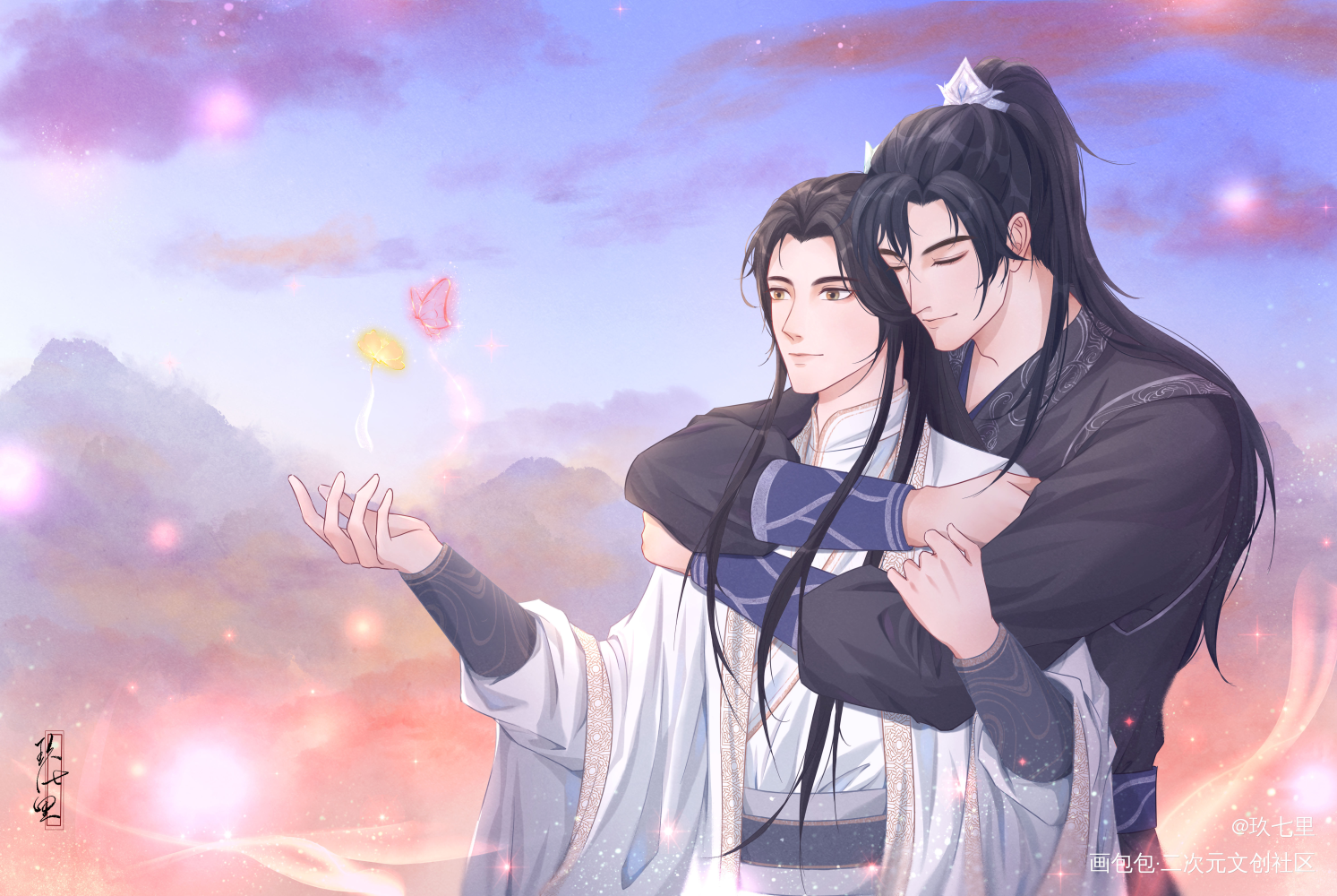 抱抱，天荒地老_二哈和他的白猫师尊燃晚古风平涂绘画作品