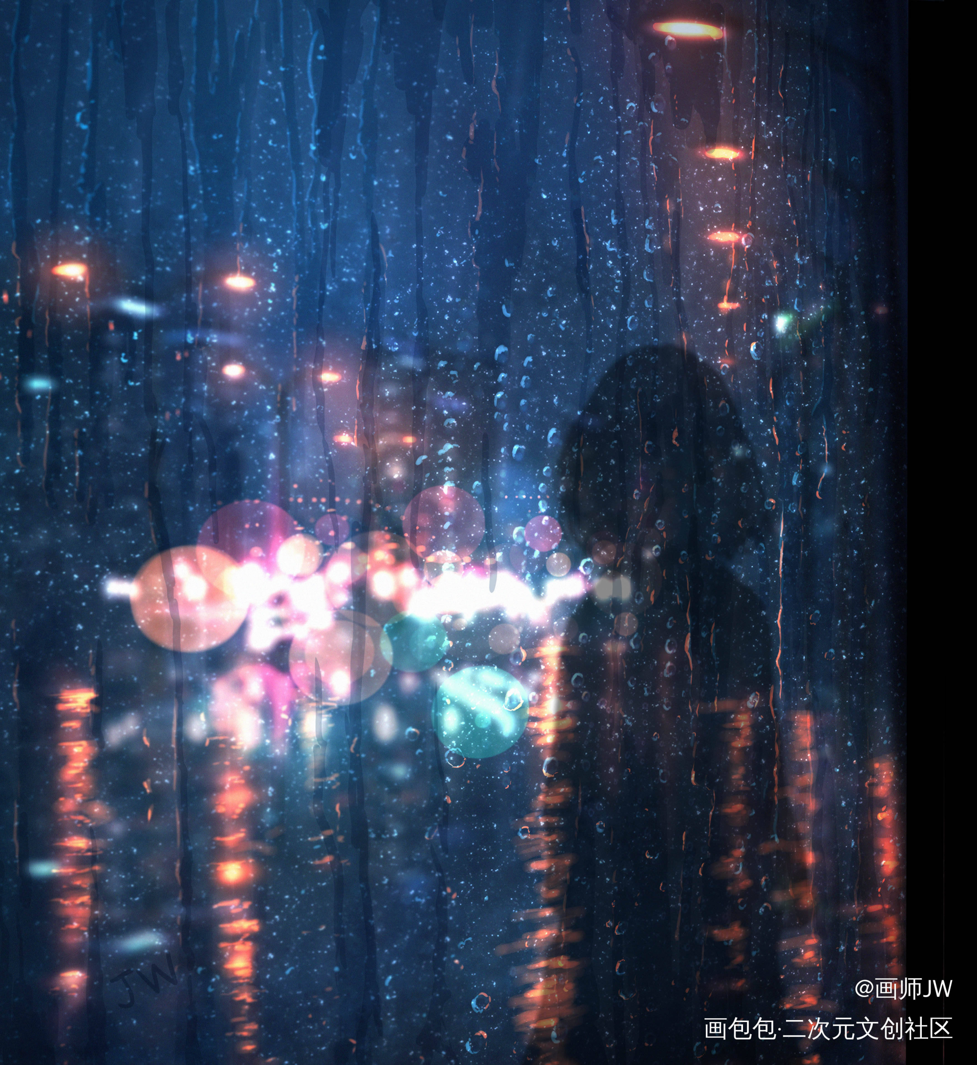 雨天与霓虹交汇。_厚涂日系插画孤寂少女板绘插画壁纸绘画原创绘画作品