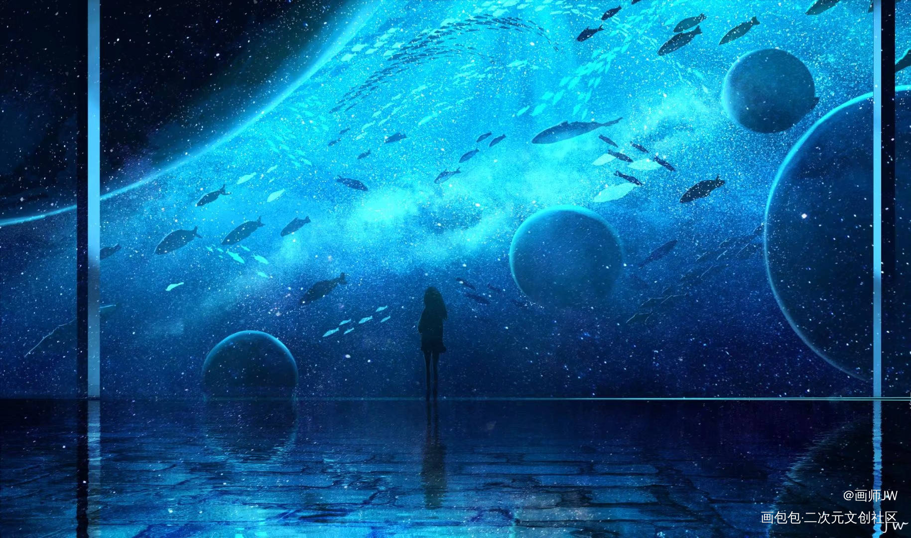 宇宙中的深海，深海下的宇宙。_手绘厚涂日系插画板绘插画壁纸绘画原创绘画作品