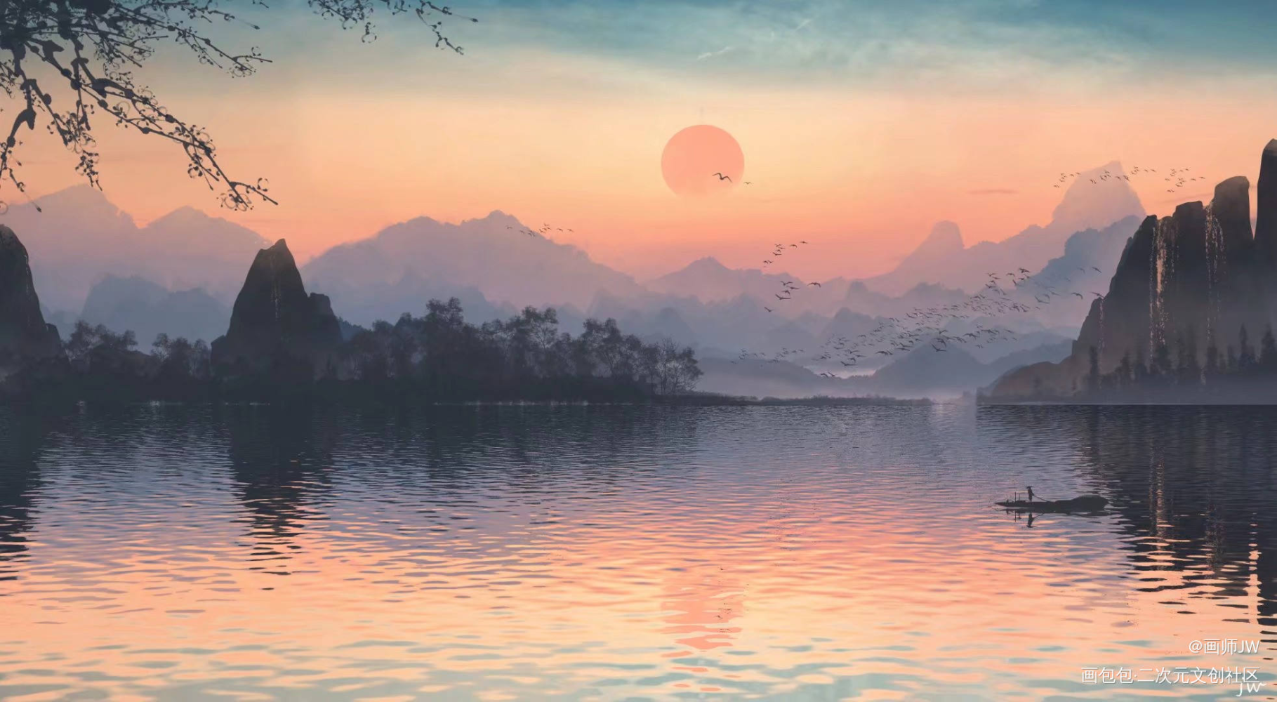 墨染浮华，碧水行舟_古风厚涂日系插画板绘插画壁纸绘画原创绘画作品