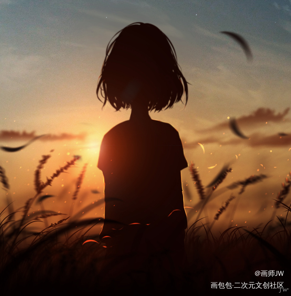 黄昏与她_手绘厚涂日系插画孤寂少女板绘插画壁纸绘画原创绘画作品