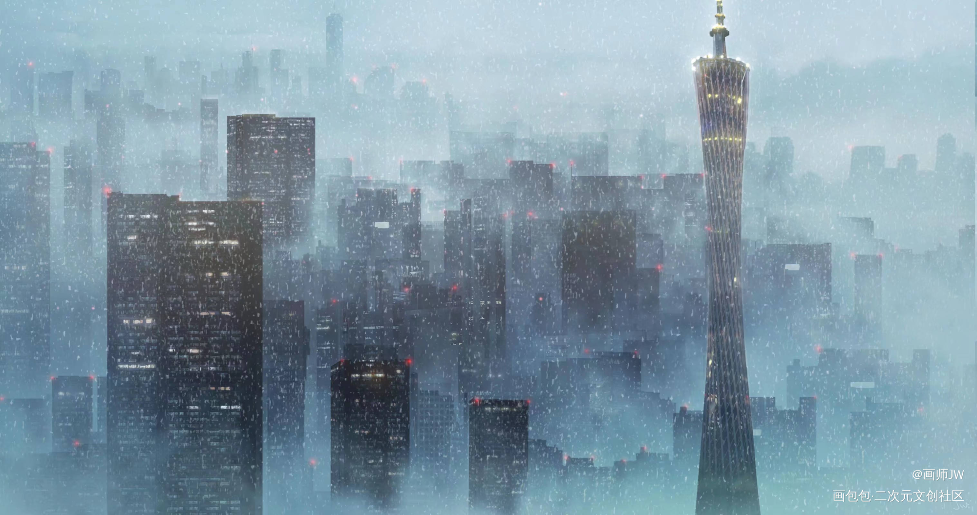 城市百景——羊城_手绘厚涂日系插画板绘插画壁纸绘画原创绘画作品